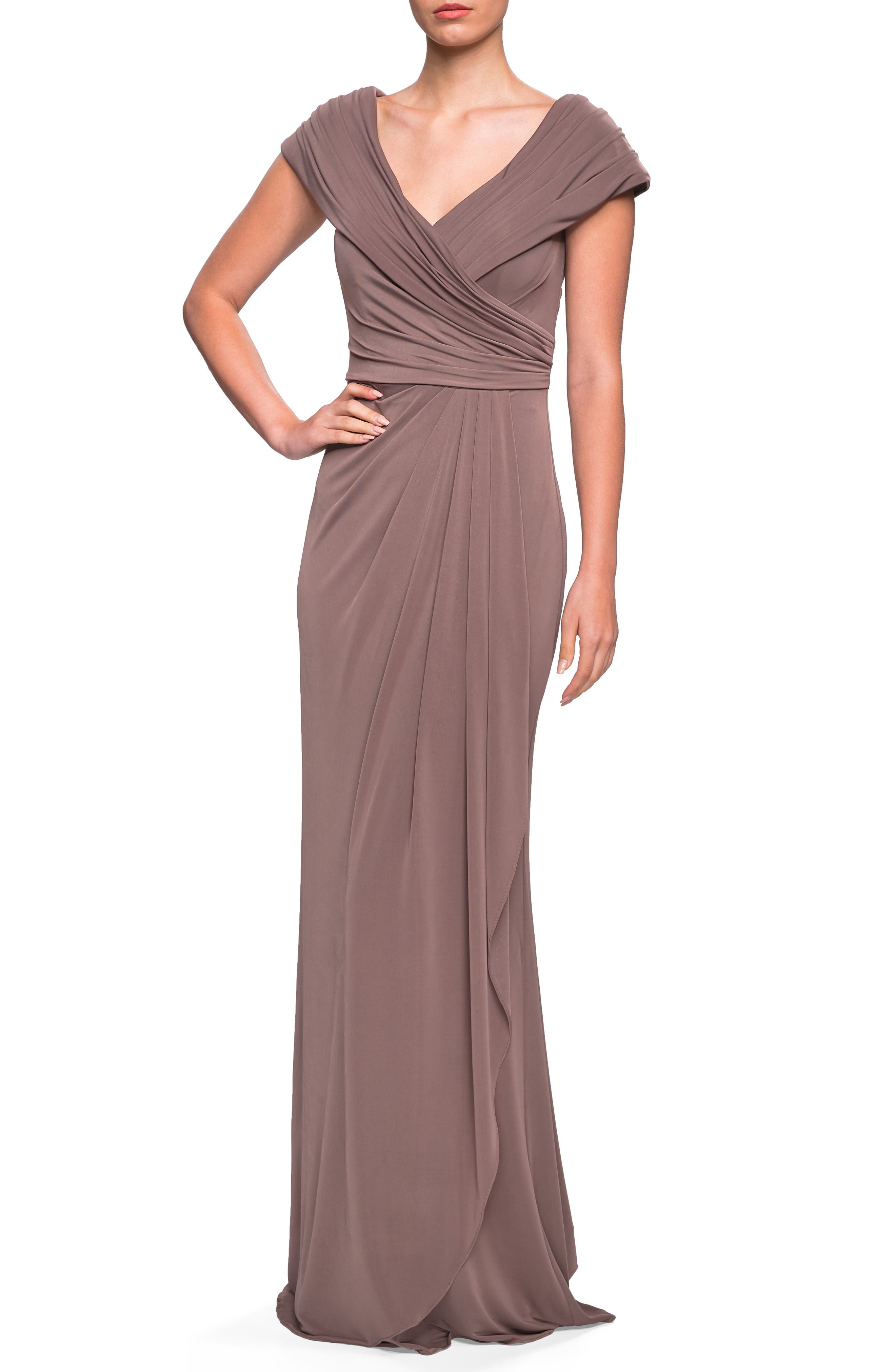 La Femme Ruched Jersey Gown, Beige