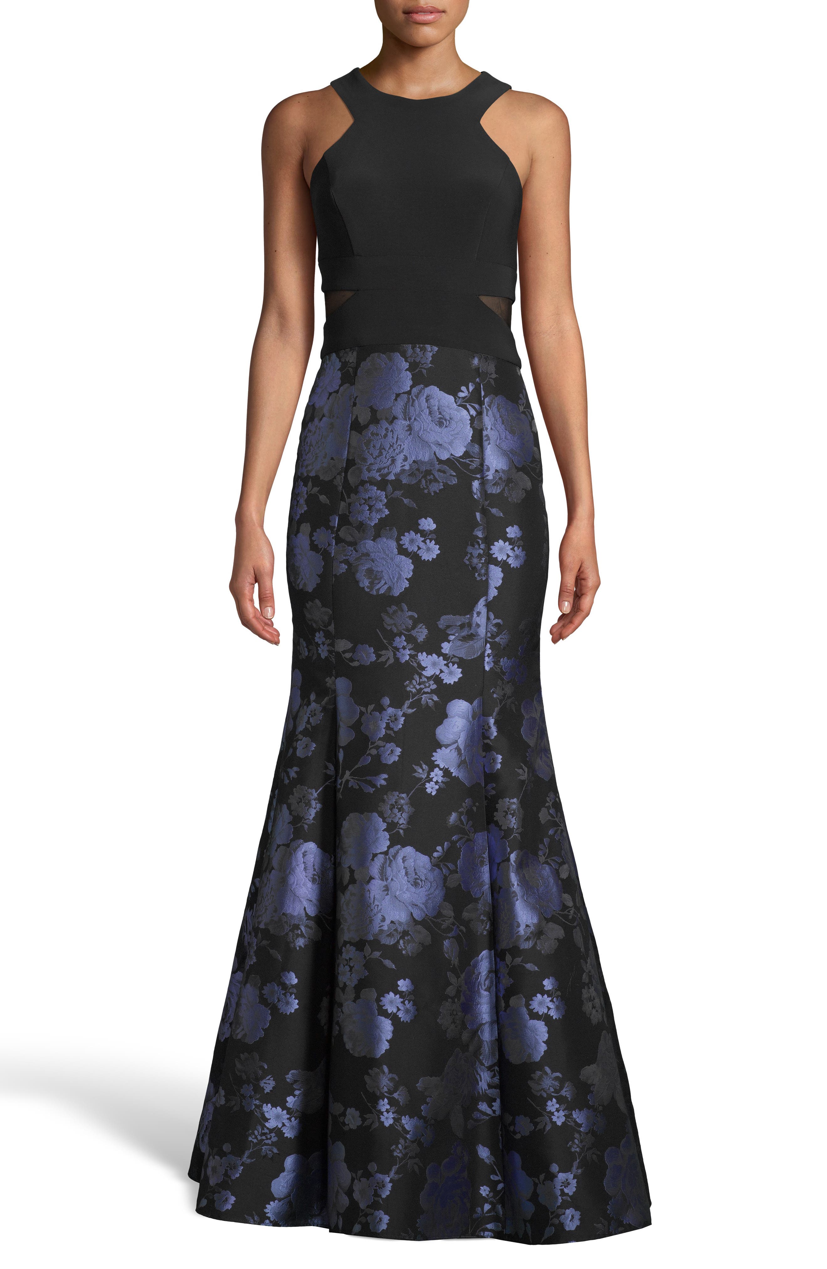 Xscape Brocade Trumpet Evening Gown, Black