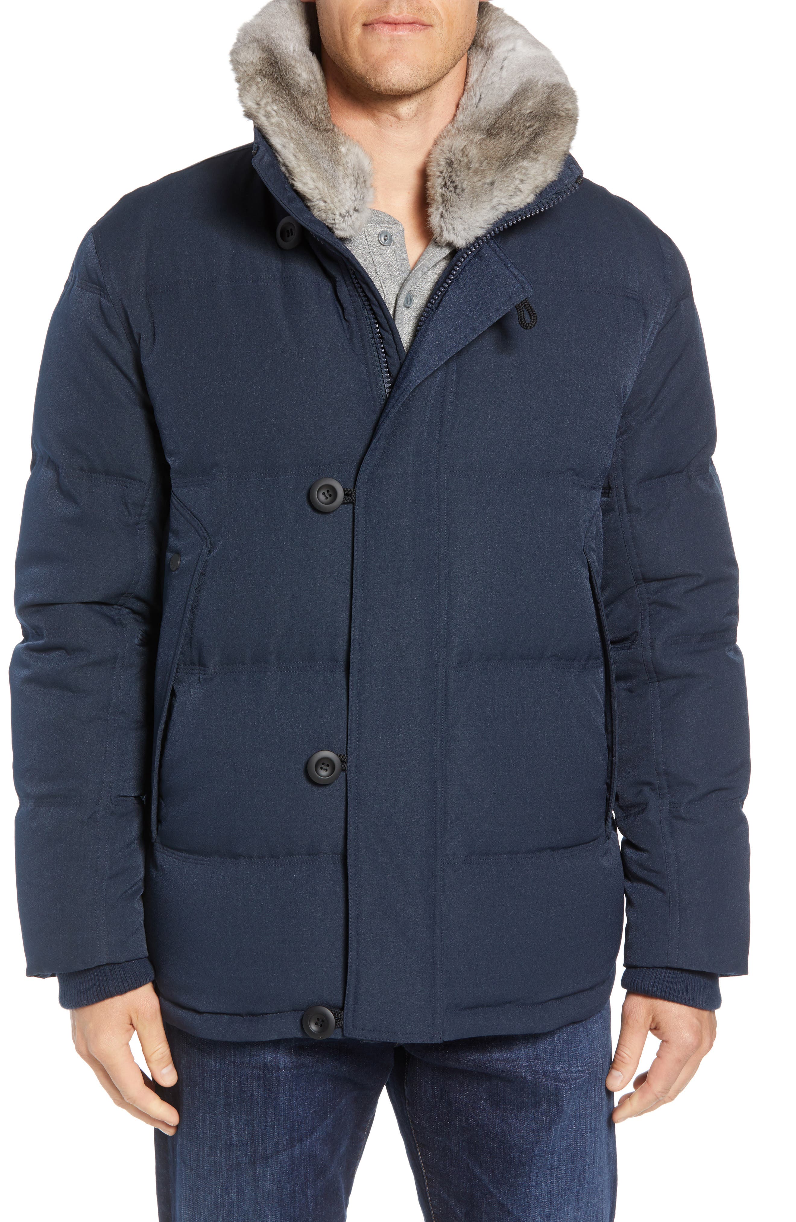 Andrew Marc Bryant Genuine Rabbit Fur Trim Down Jacket, Blue