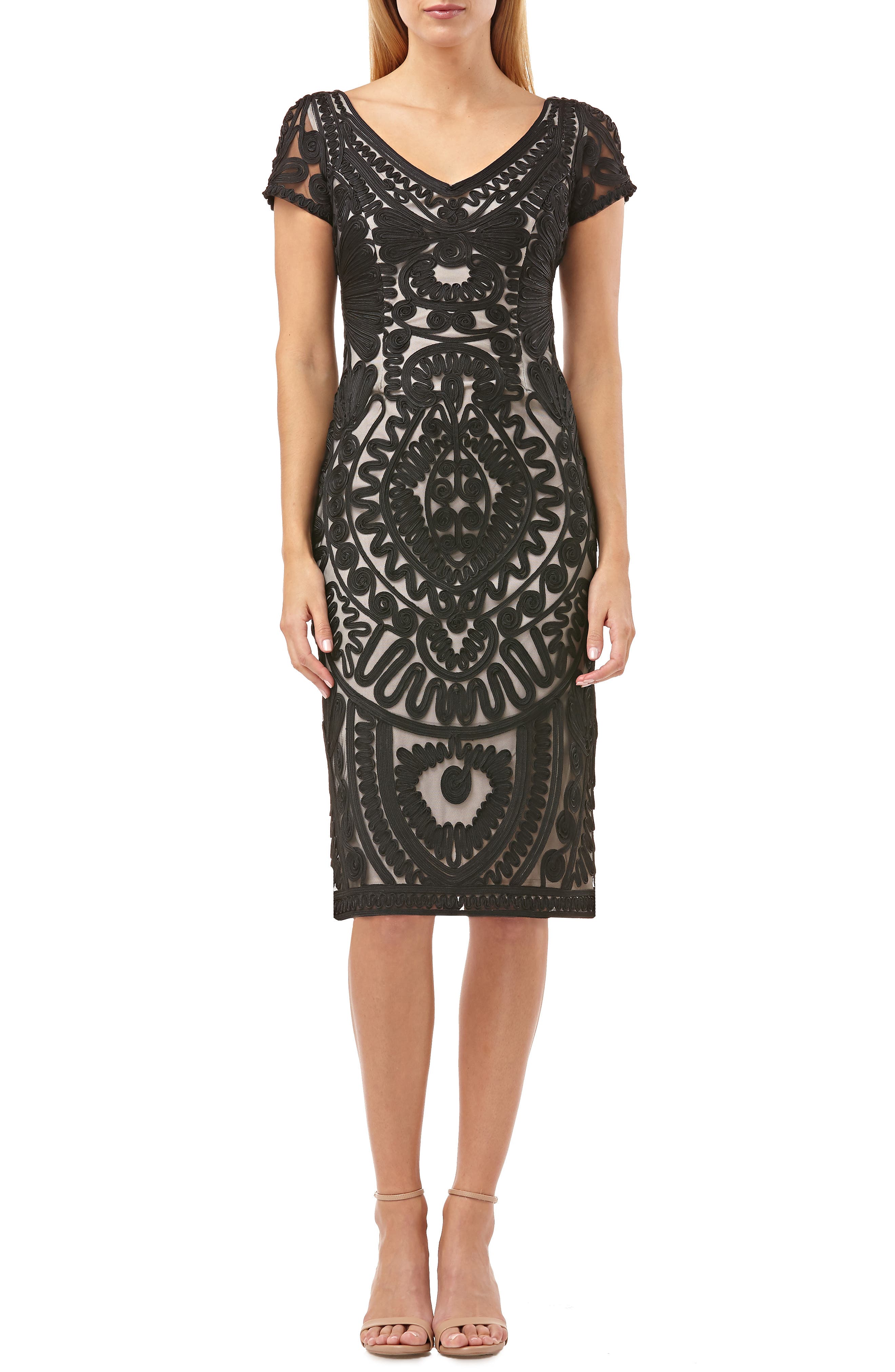 Js Collections Short Sleeve Soutache Mesh Cocktail Dress, Black