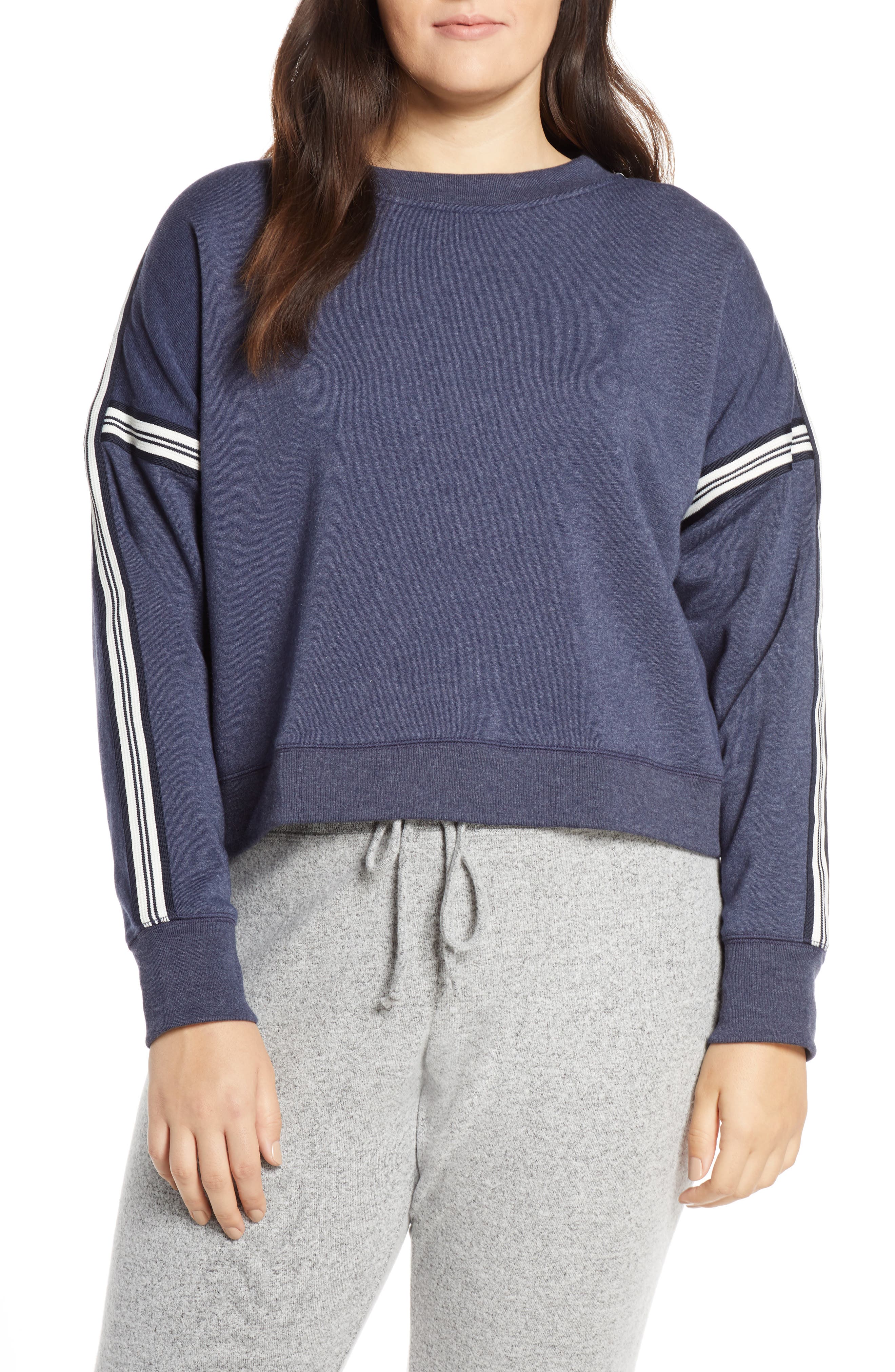 Plus Size J.crew Racing Stripes Crop Crewneck Sweatshirt, Size - Blue