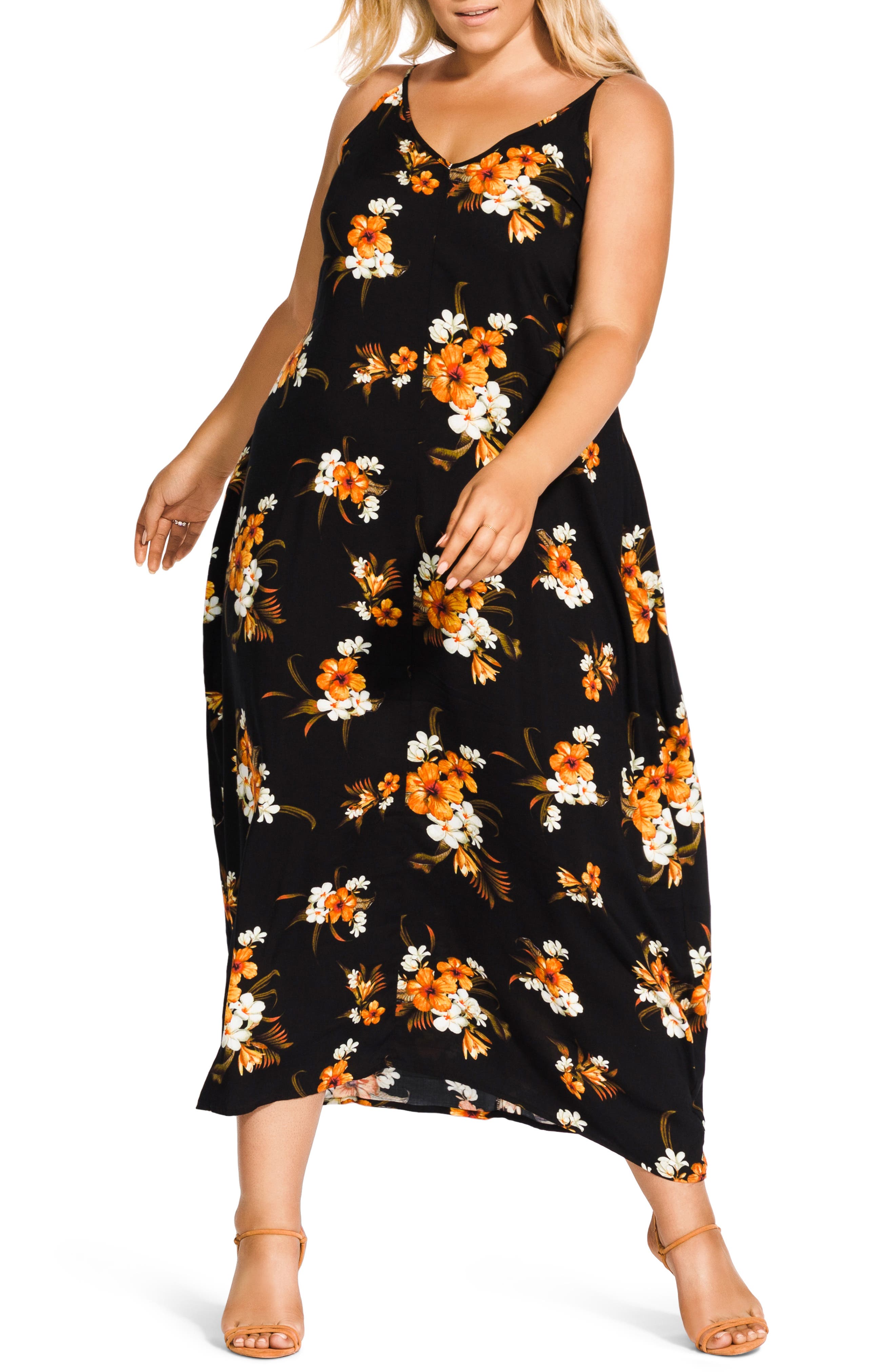 Plus Size City Chic Aruba Flora Print Maxi Dress, Black