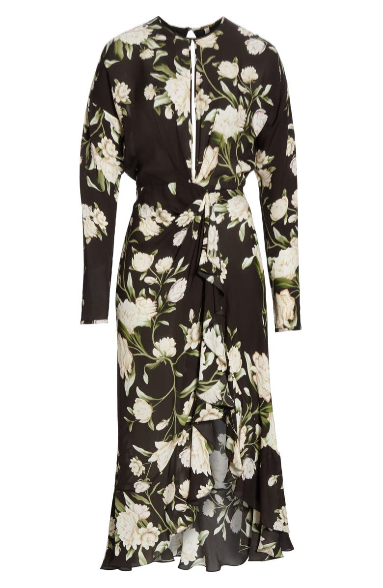 Johanna Ortiz Melodias Salvajes Front Slit Floral Print Silk Dress In Nights In Cali Black/ Ecru