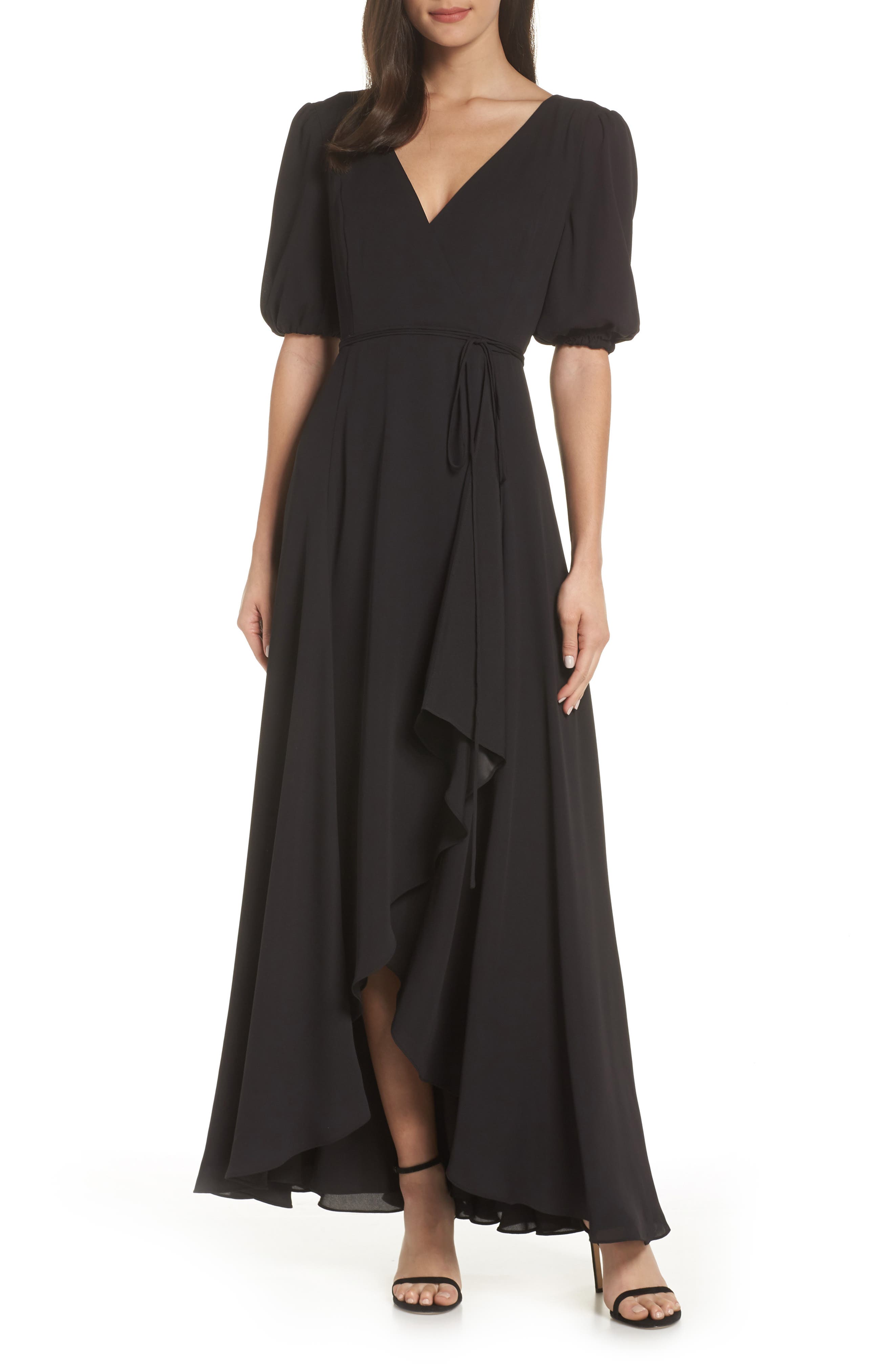 Fame And Partners V-Neck Georgette Wrap Gown, Black