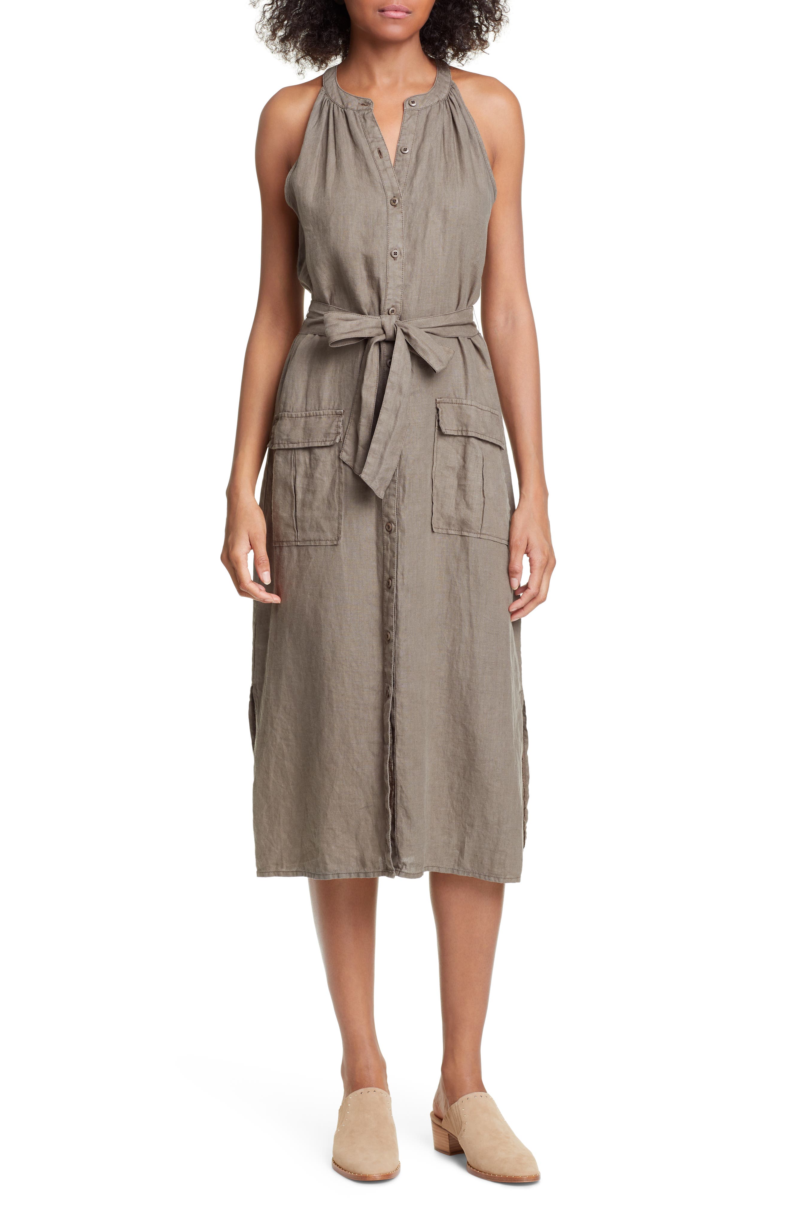 Joie Edelie Tie Waist Sleeveless Linen Dress, Green