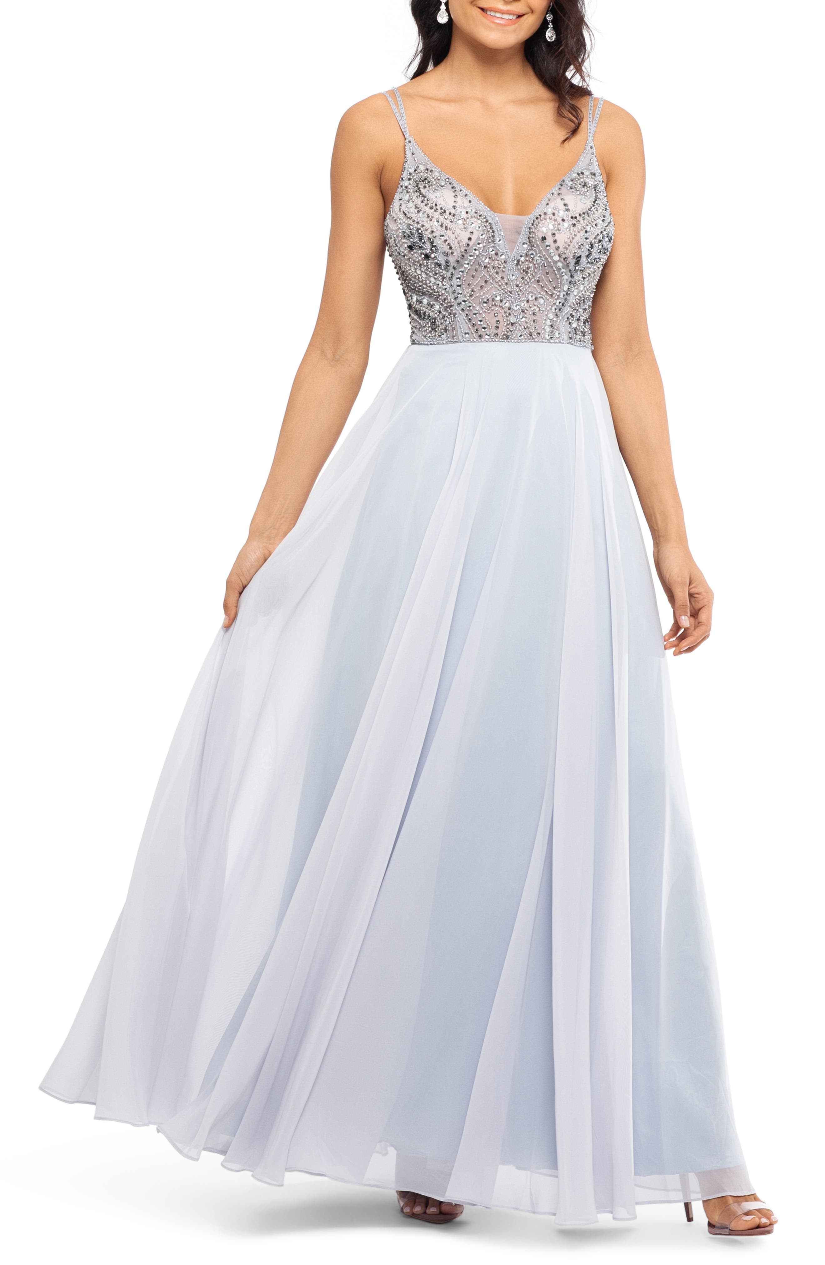 Xscape Embellished Illusion Bodice V-Neck Chiffon Evening Dress, Metallic