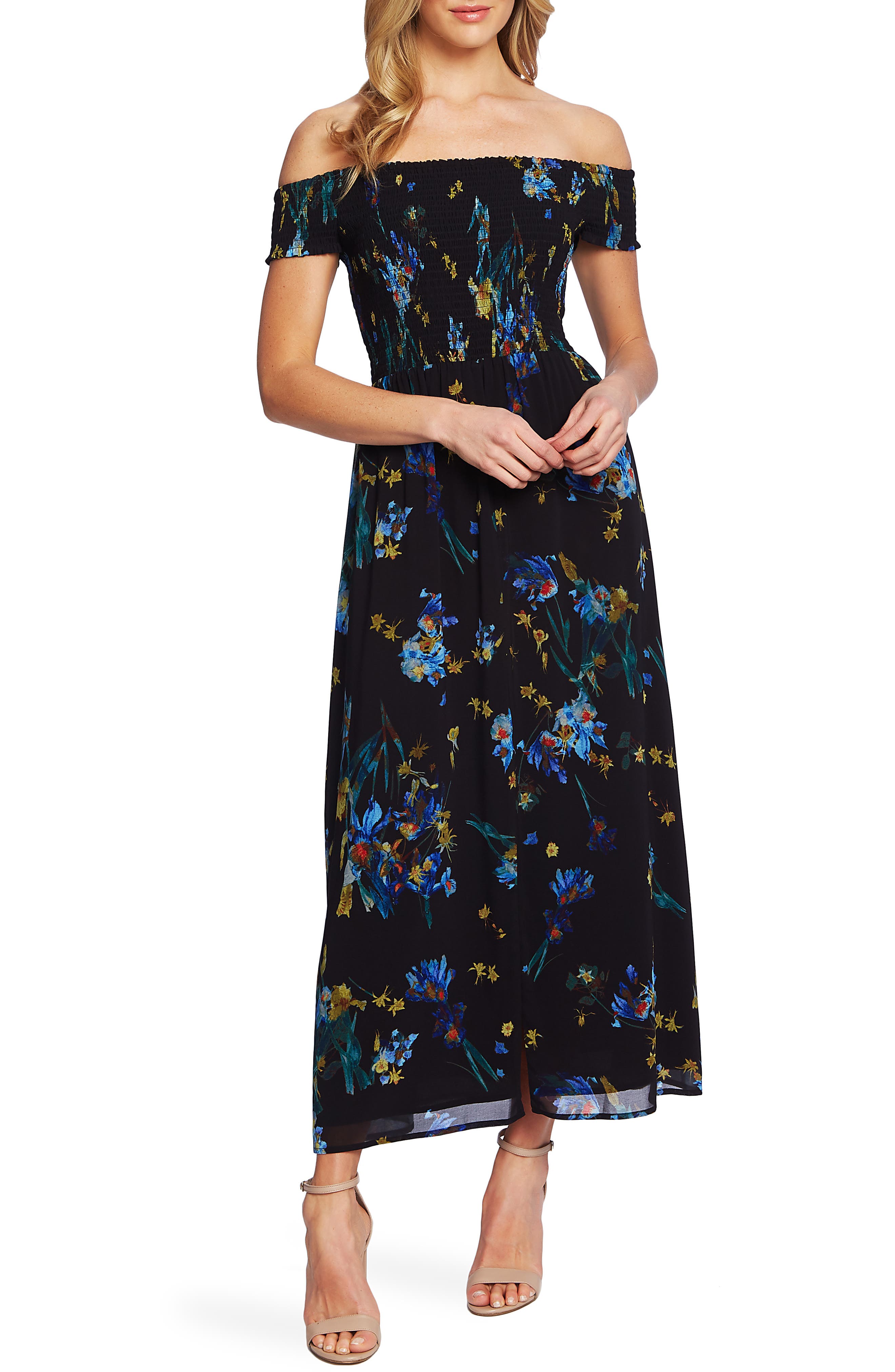 Cece Off The Shoulder Floral Maxi Dress, Black