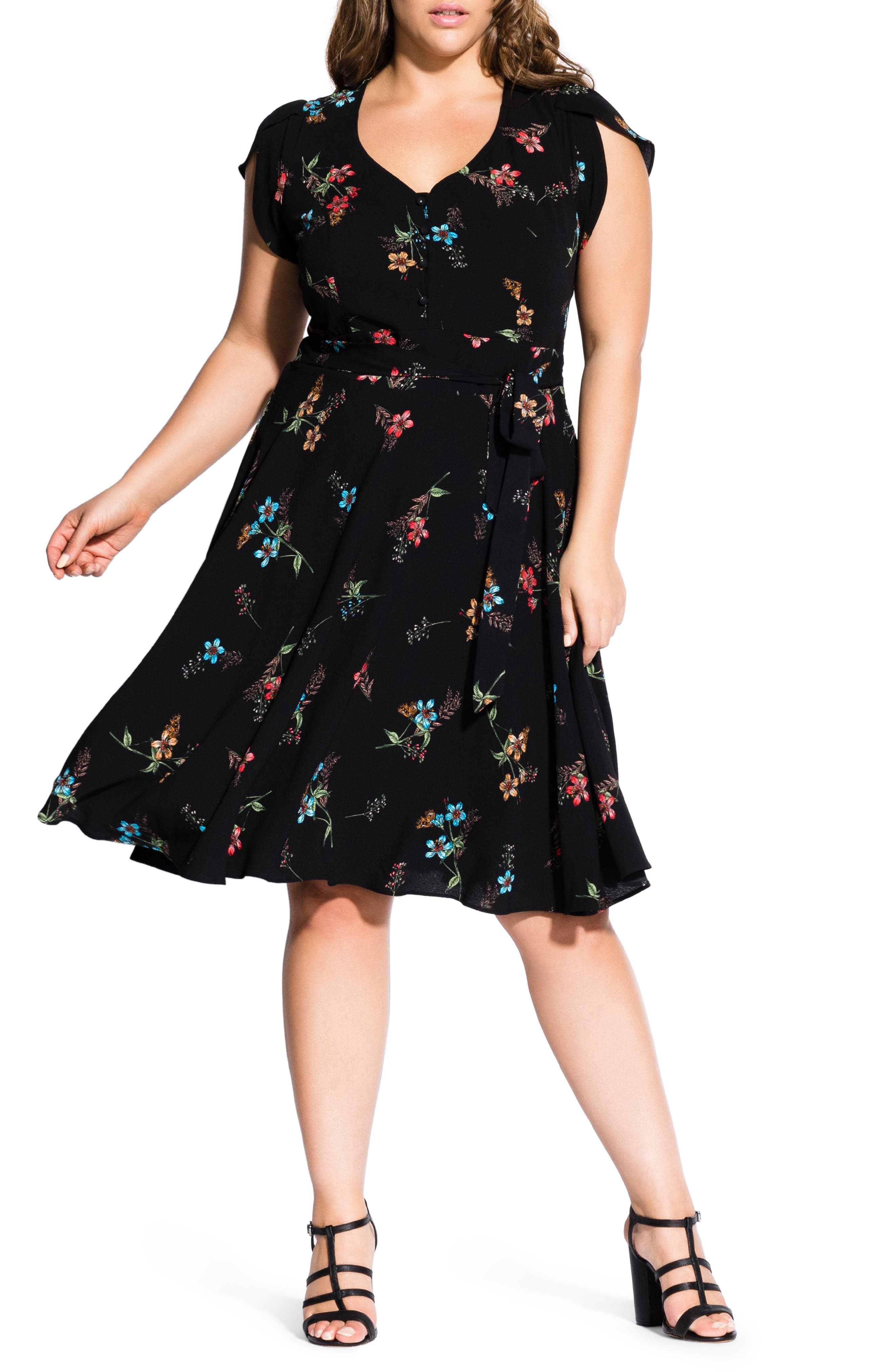 Plus Size City Chic Botanical Print Dress, Black