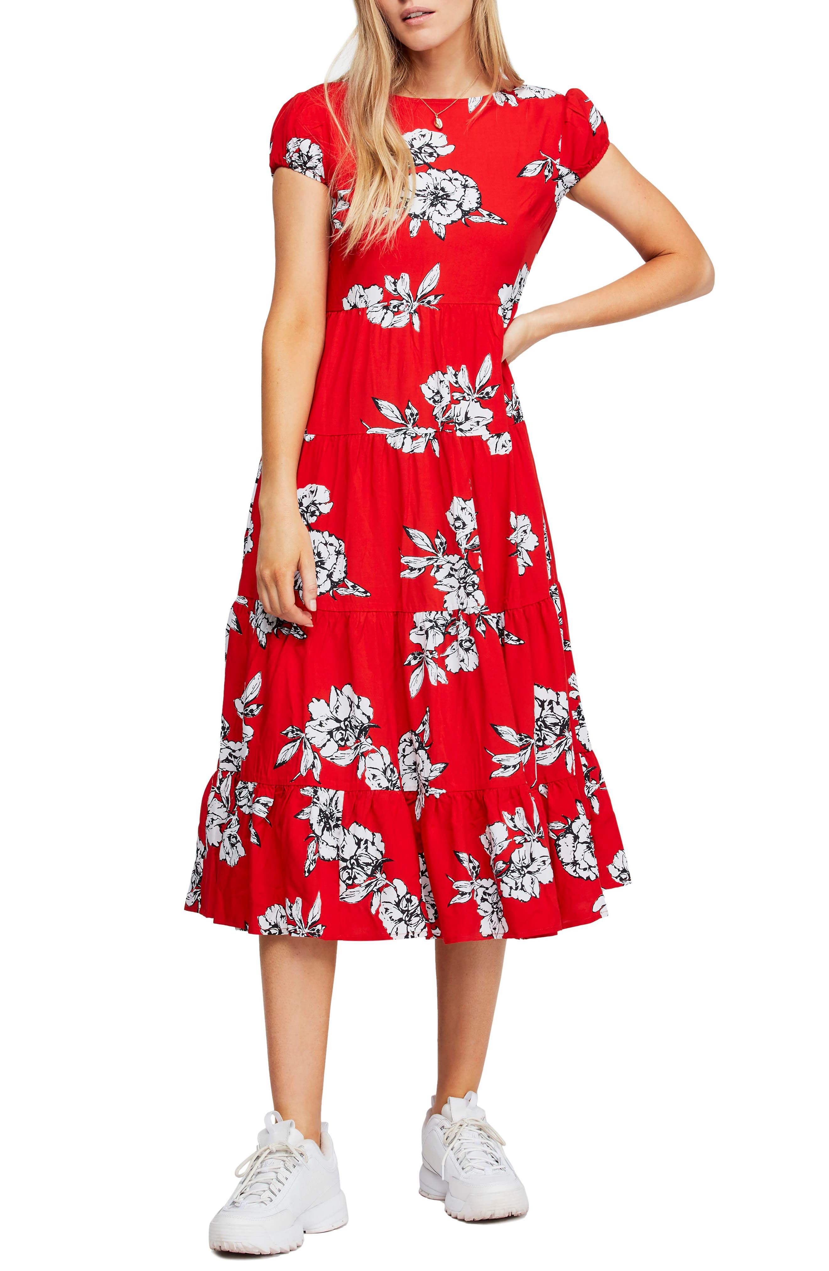 Free People Rita Tiered Midi Dress, Red