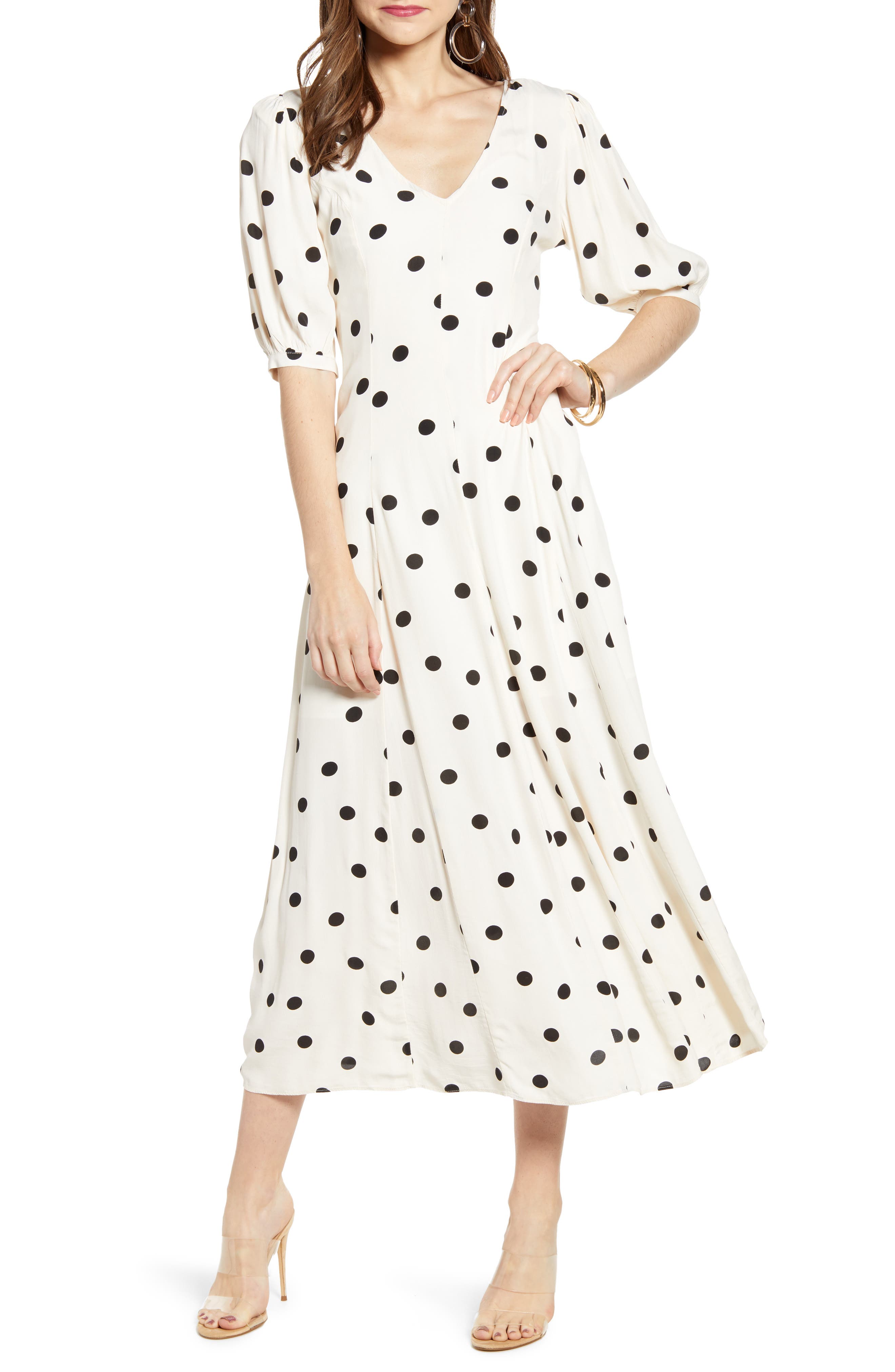 SOMETHING NAVY Print Dress, Main, color, BEIGE ECRU DOT