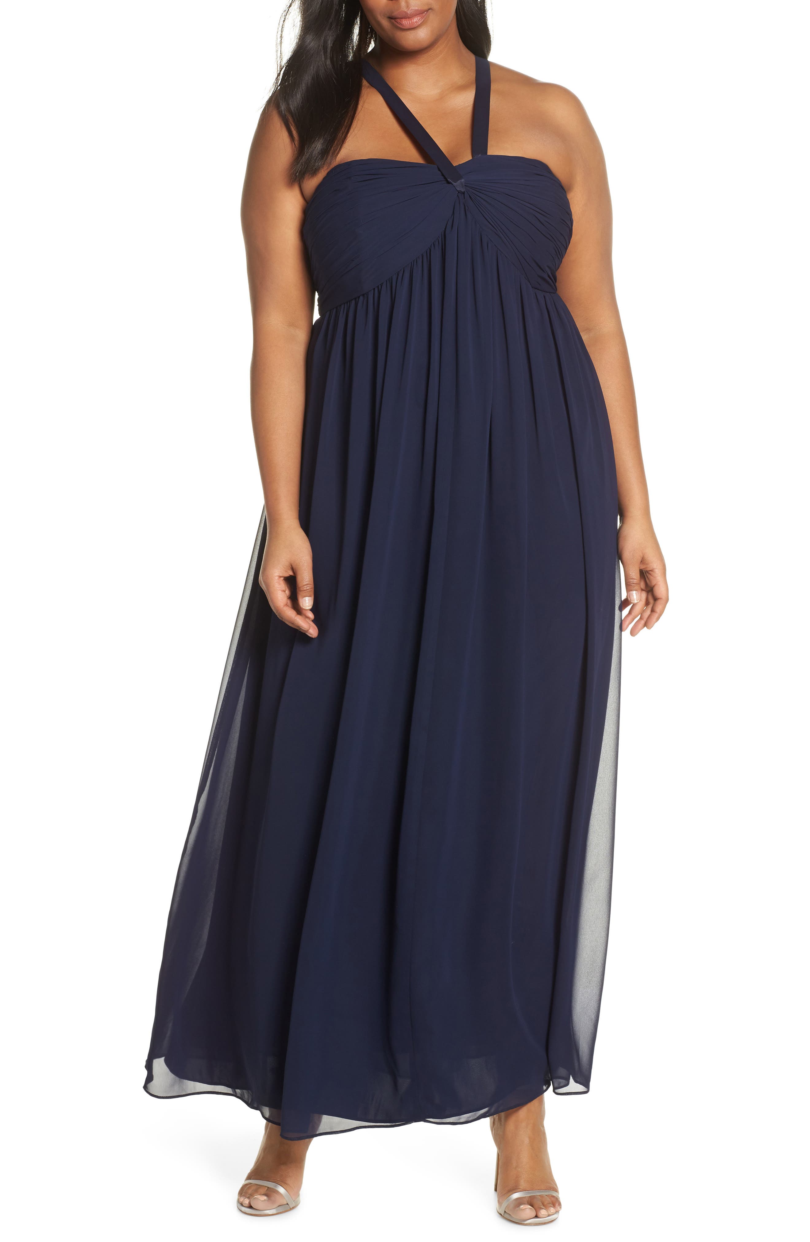 Plus Size Eliza J Halter Neck Shirred Chiffon Gown, Blue