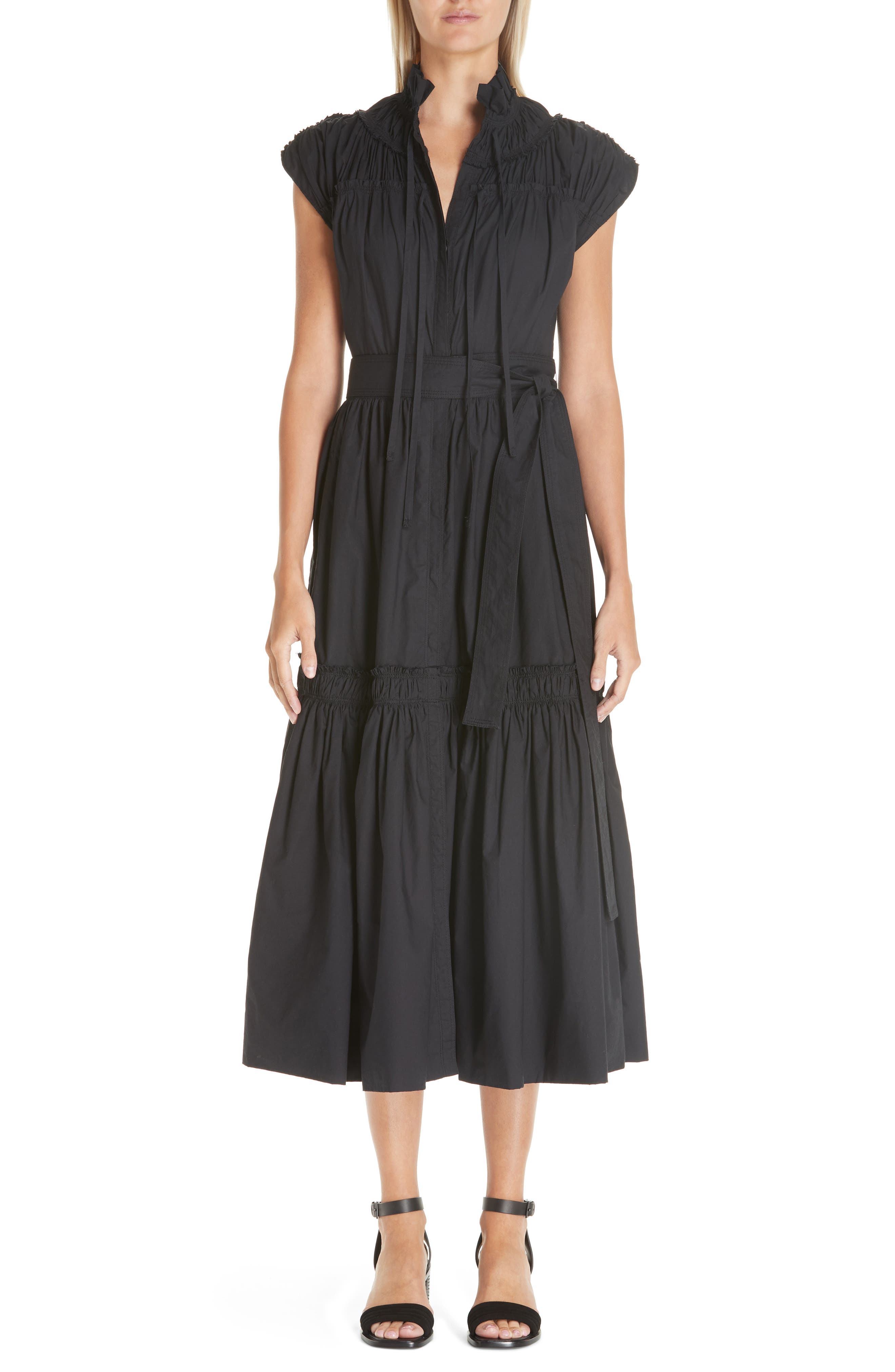 Proenza Schouler Smocked Poplin Dress, Black