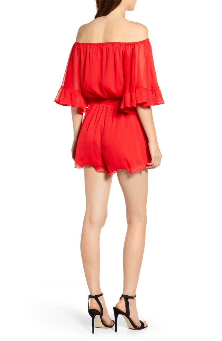 Shop Endless Rose Off The Shoulder Ruffle Sleeve Romper In Red