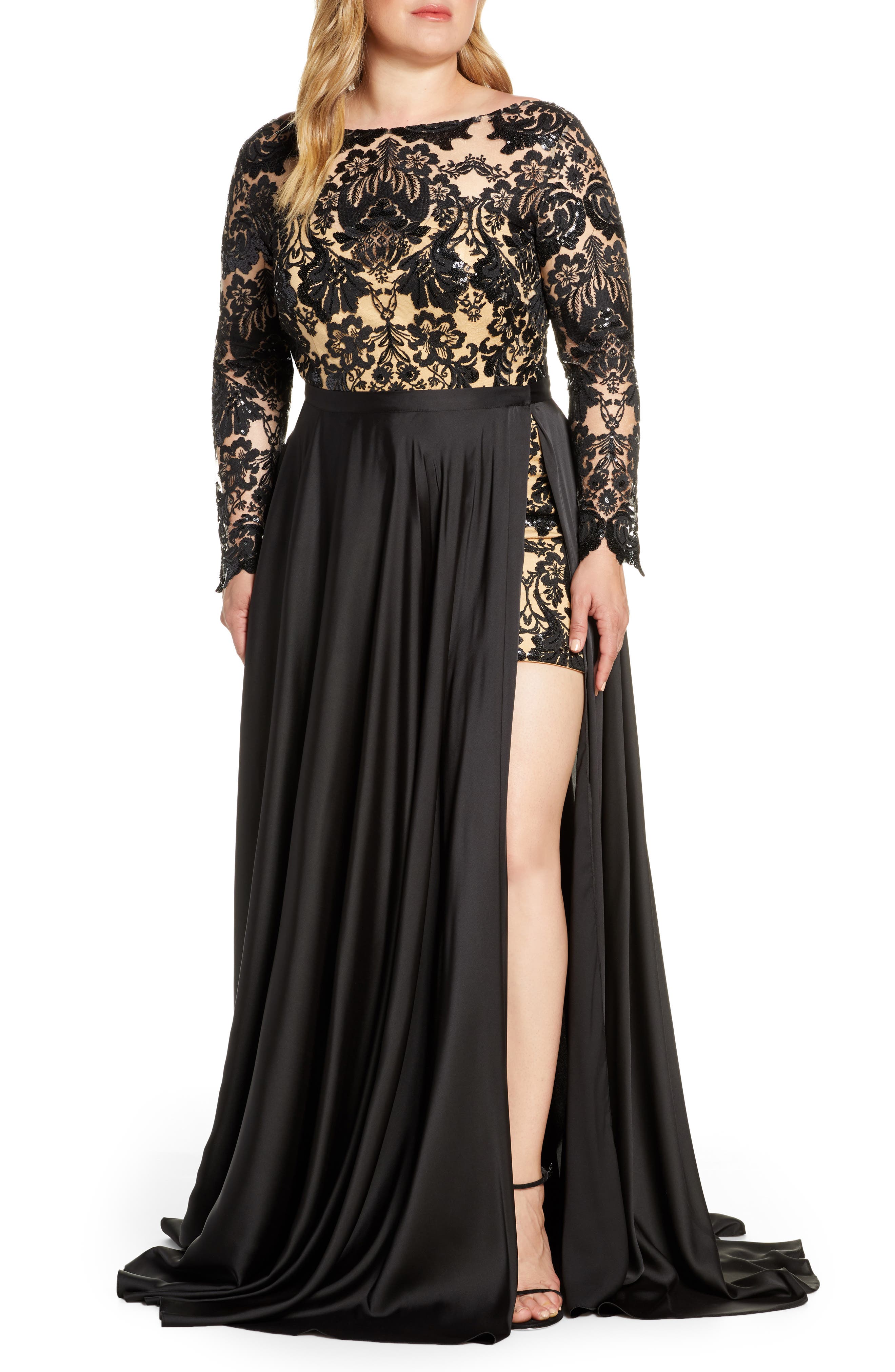Plus Size MAC Duggal Floral Sequin Long Sleeve Romper With Satin Overskirt, Black