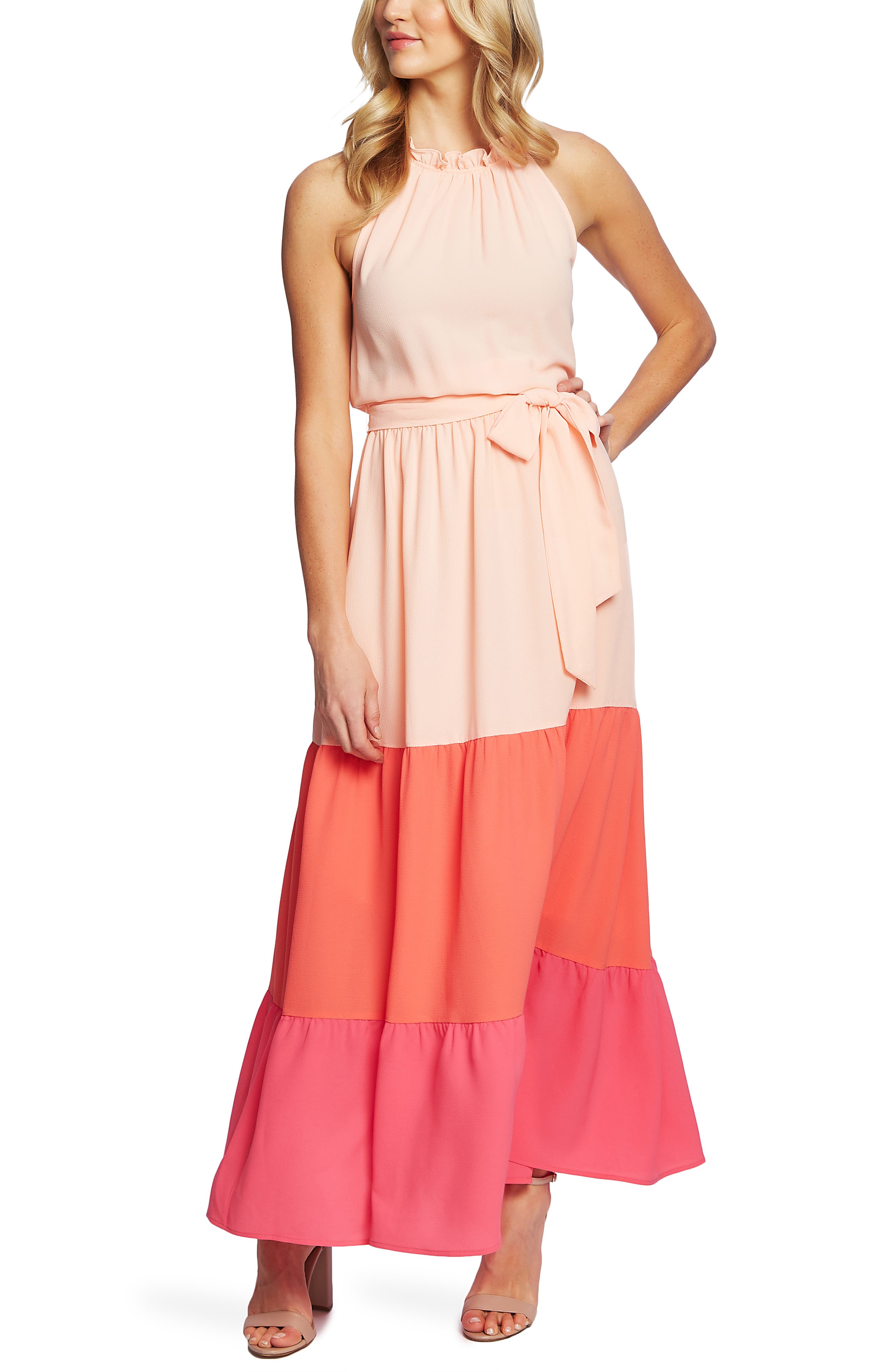 Cece Halter Bodice Colorblock Maxi Dress, Coral
