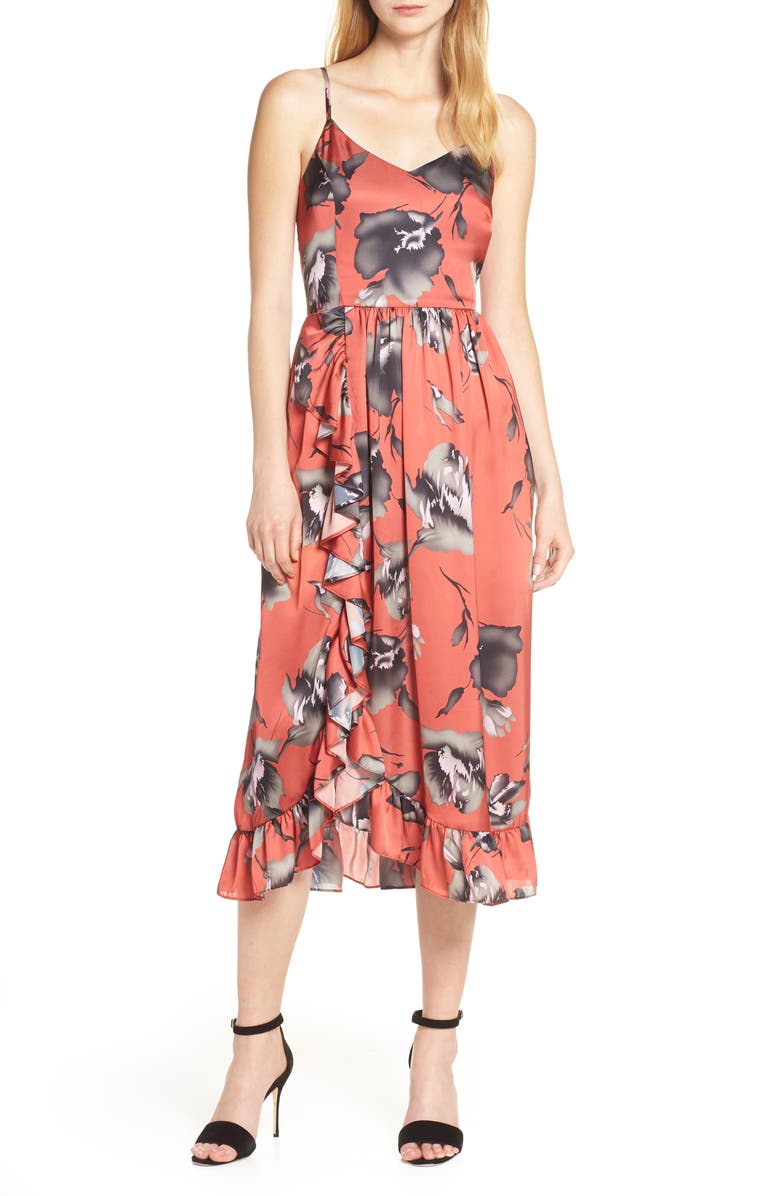 Avec Les Filles BRUSHSTROKE FLORAL PRINT SATIN DRESS