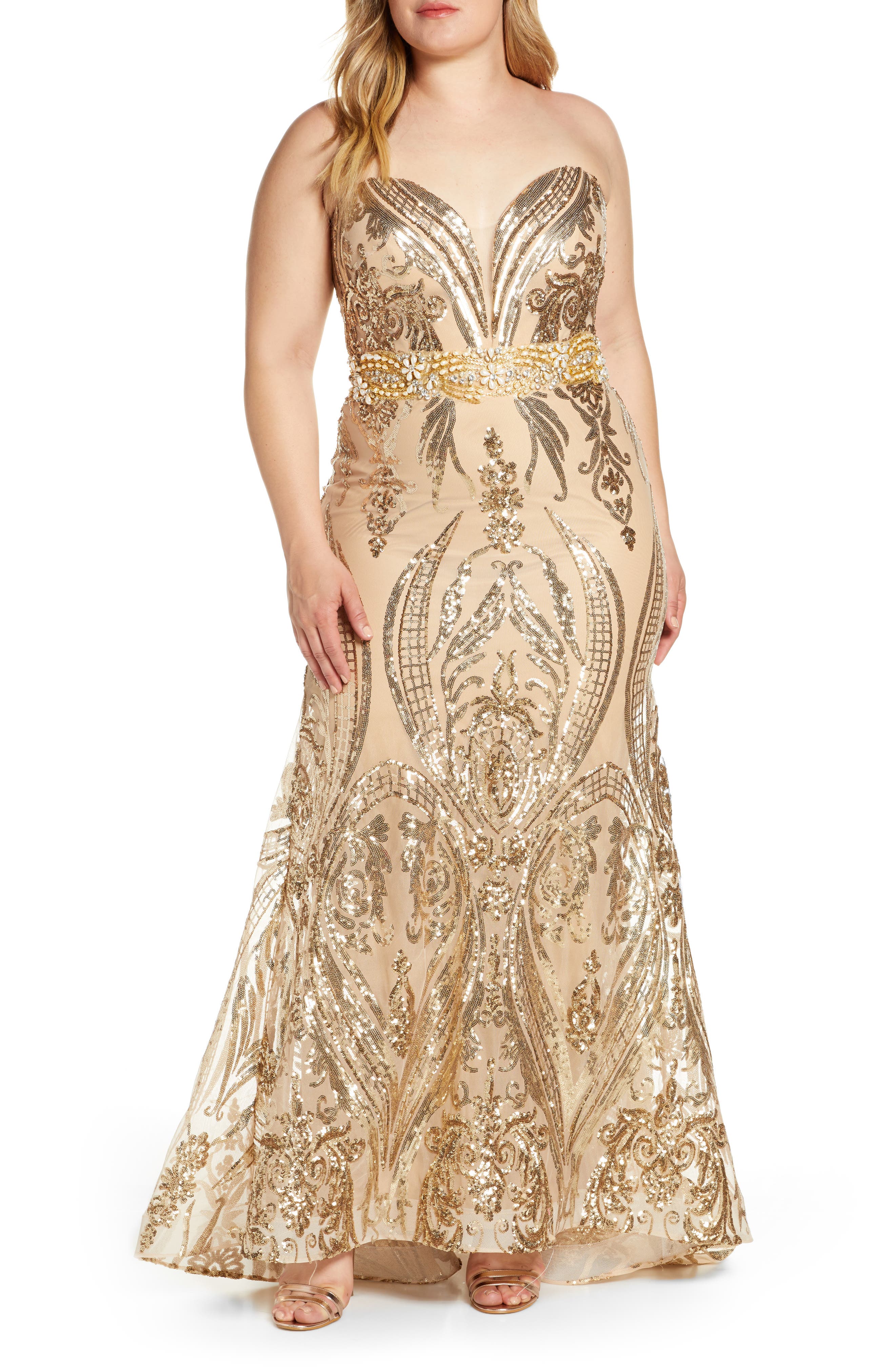Plus Size MAC Duggal Sequin Strapless Sweetheart Neck Evening Gown, Yellow