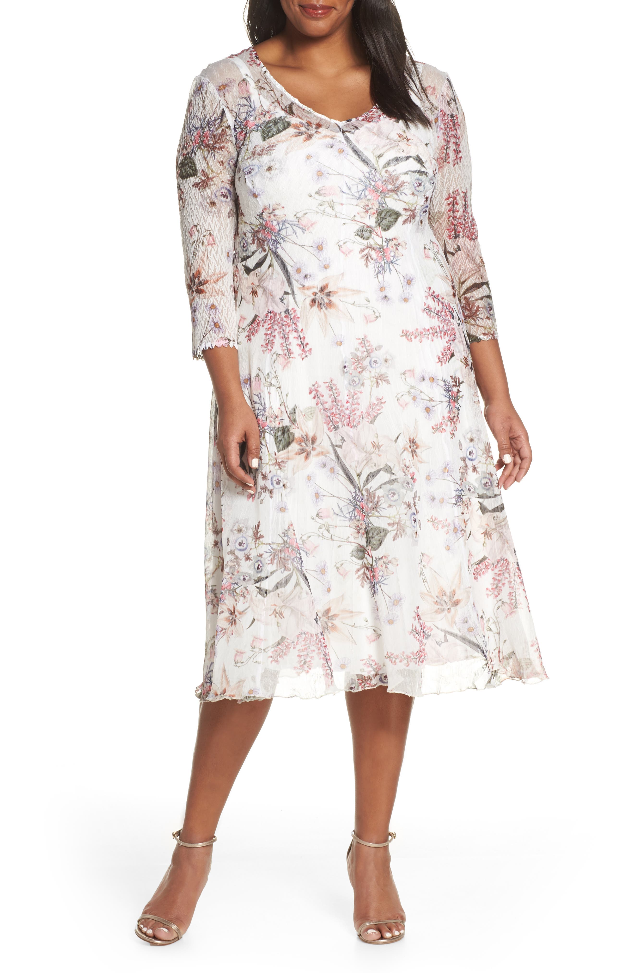 Plus Size Komarov V-Neck Floral Print Chiffon Cocktail Dress, Ivory