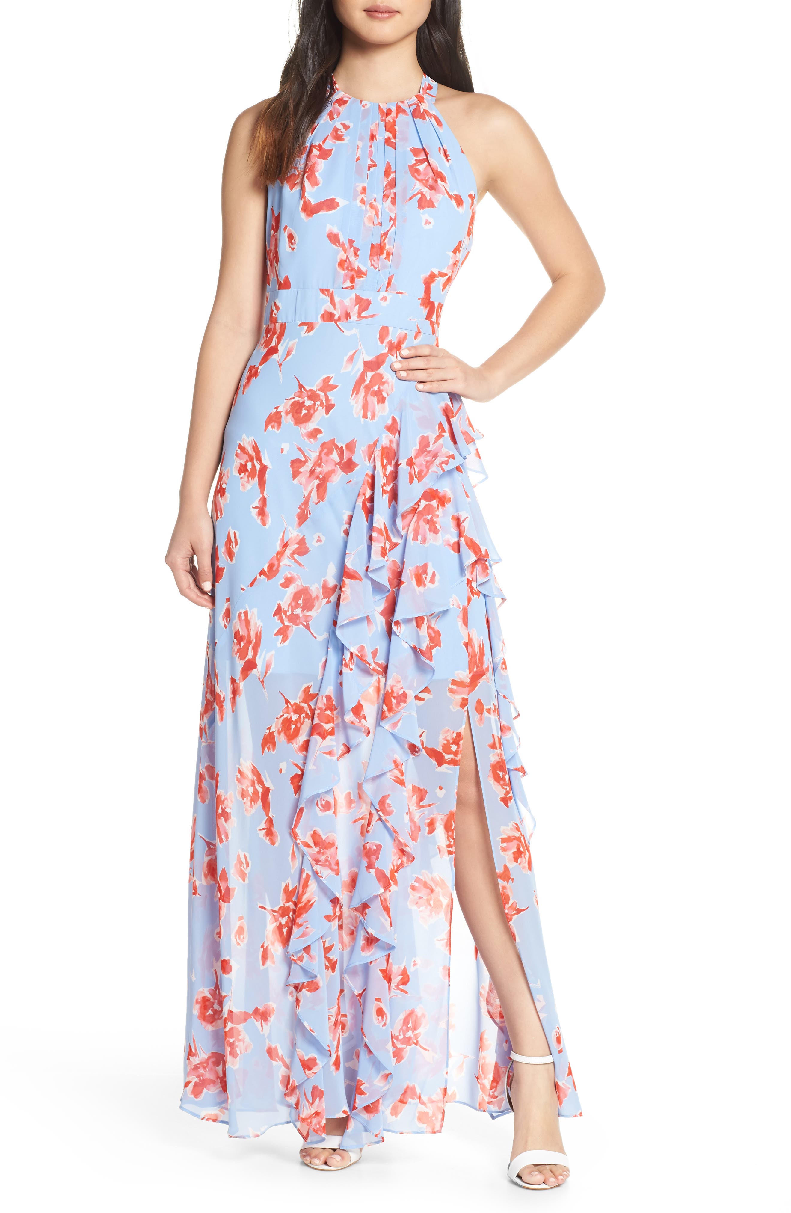Eliza J Ruffle Halter Maxi Dress, Blue