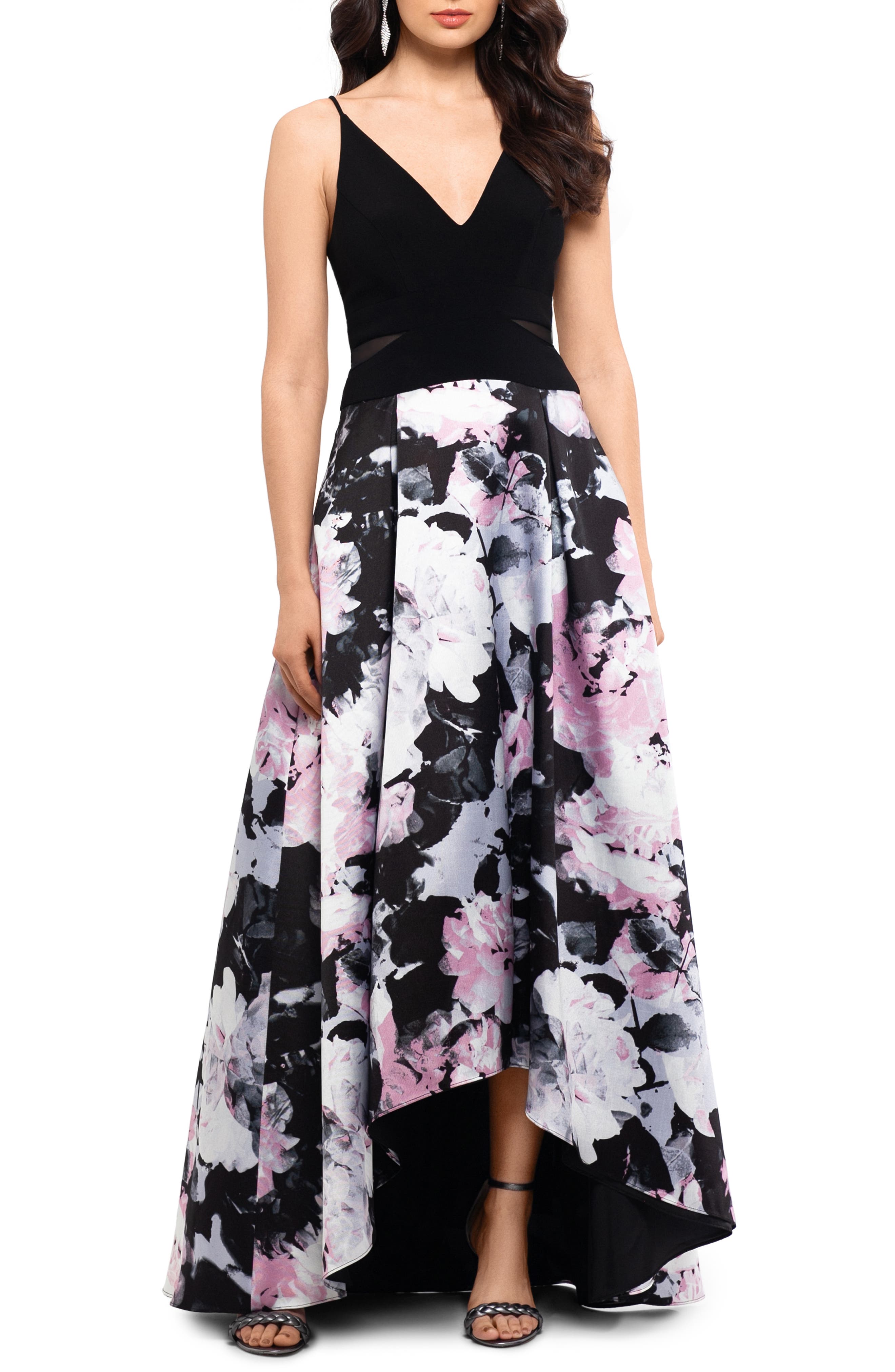 Xscape Floral High/low Evening Dress, Black