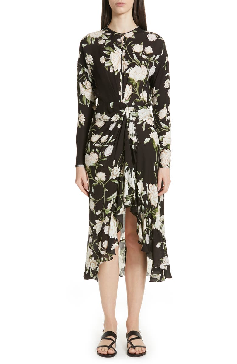 Johanna Ortiz Melodias Salvajes Front Slit Floral Print Silk Dress In Nights In Cali Black/ Ecru