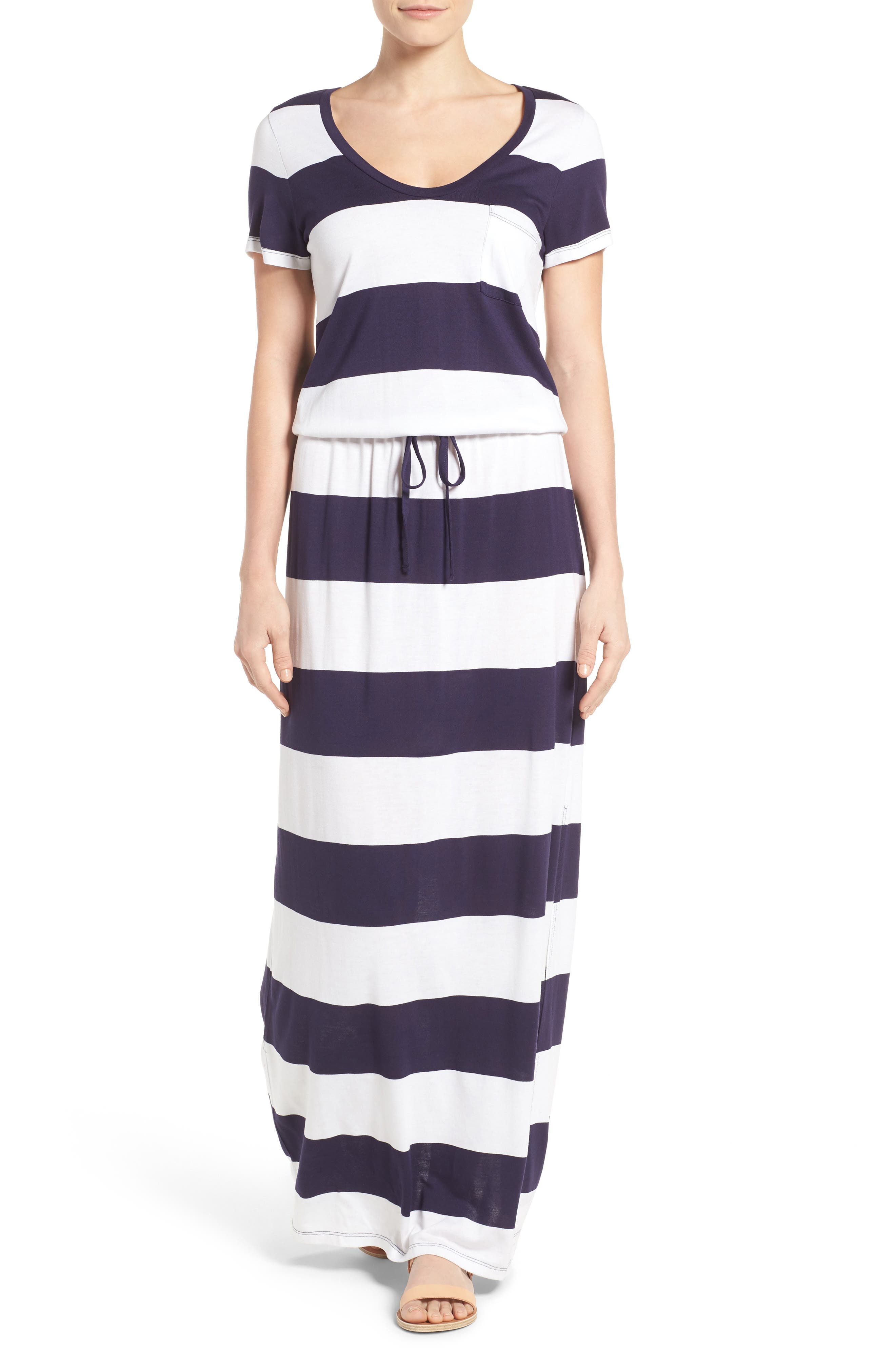 Petite Caslon Drawstring Jersey Maxi Dress, Blue