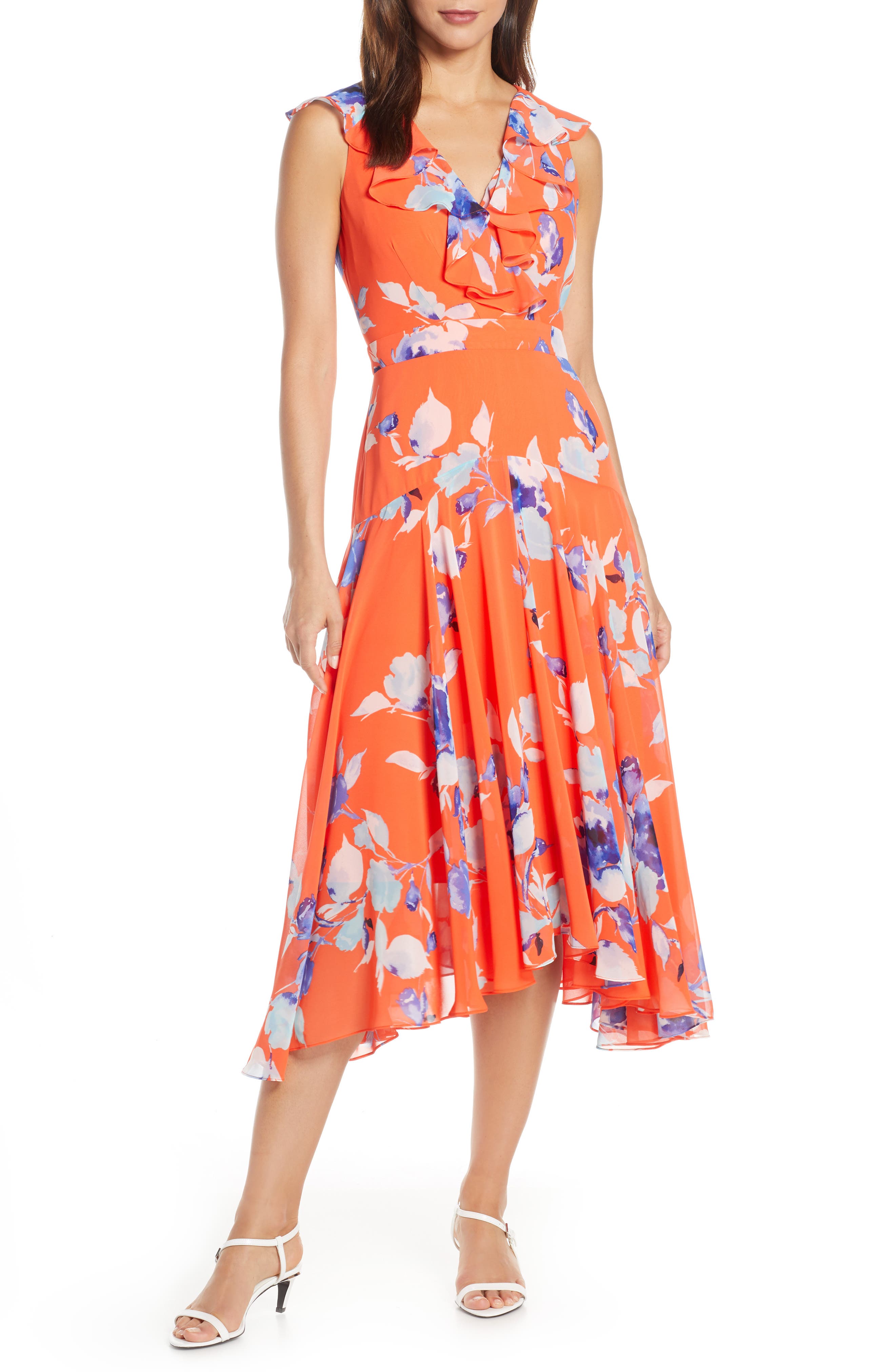 Eliza J Floral Print Shark Bite Hem Midi Dress, Red