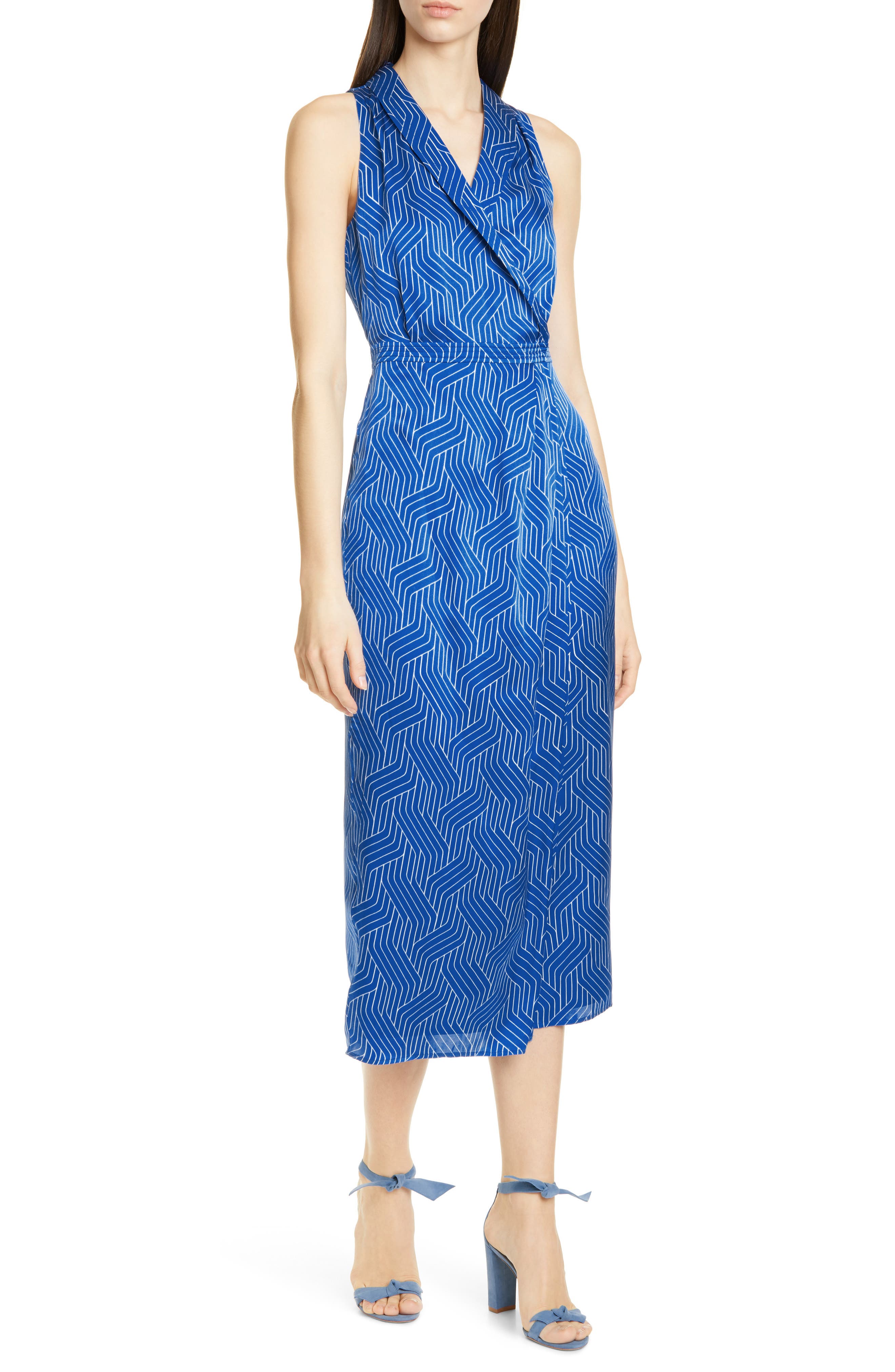 Equipment Katherine Geo Print Sleeveless Satin Midi Dress, Blue