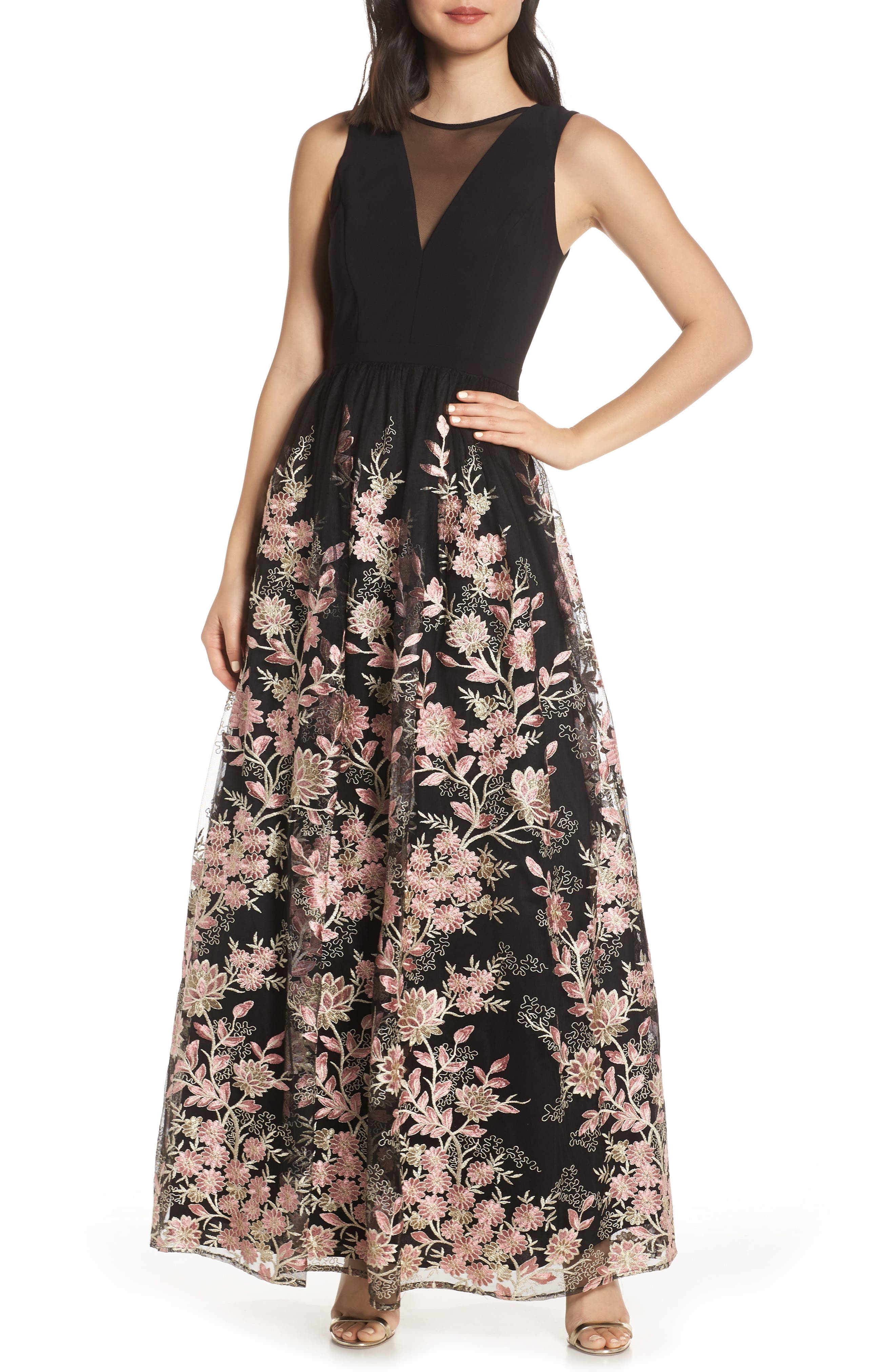 Morgan & Co. Embroidered Mesh Evening Dress, Black