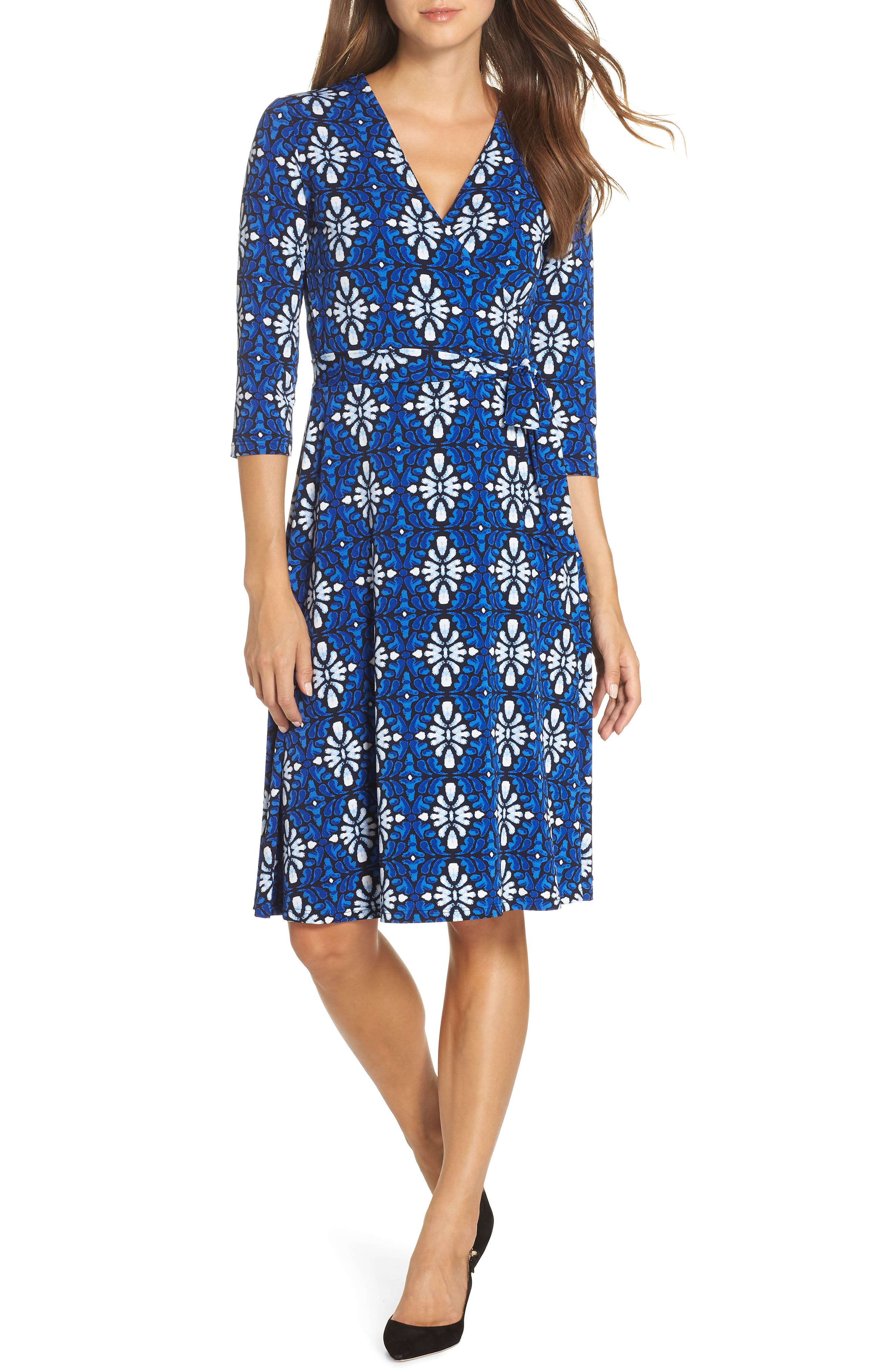 Leota Print Jersey Faux Wrap Dress, Blue