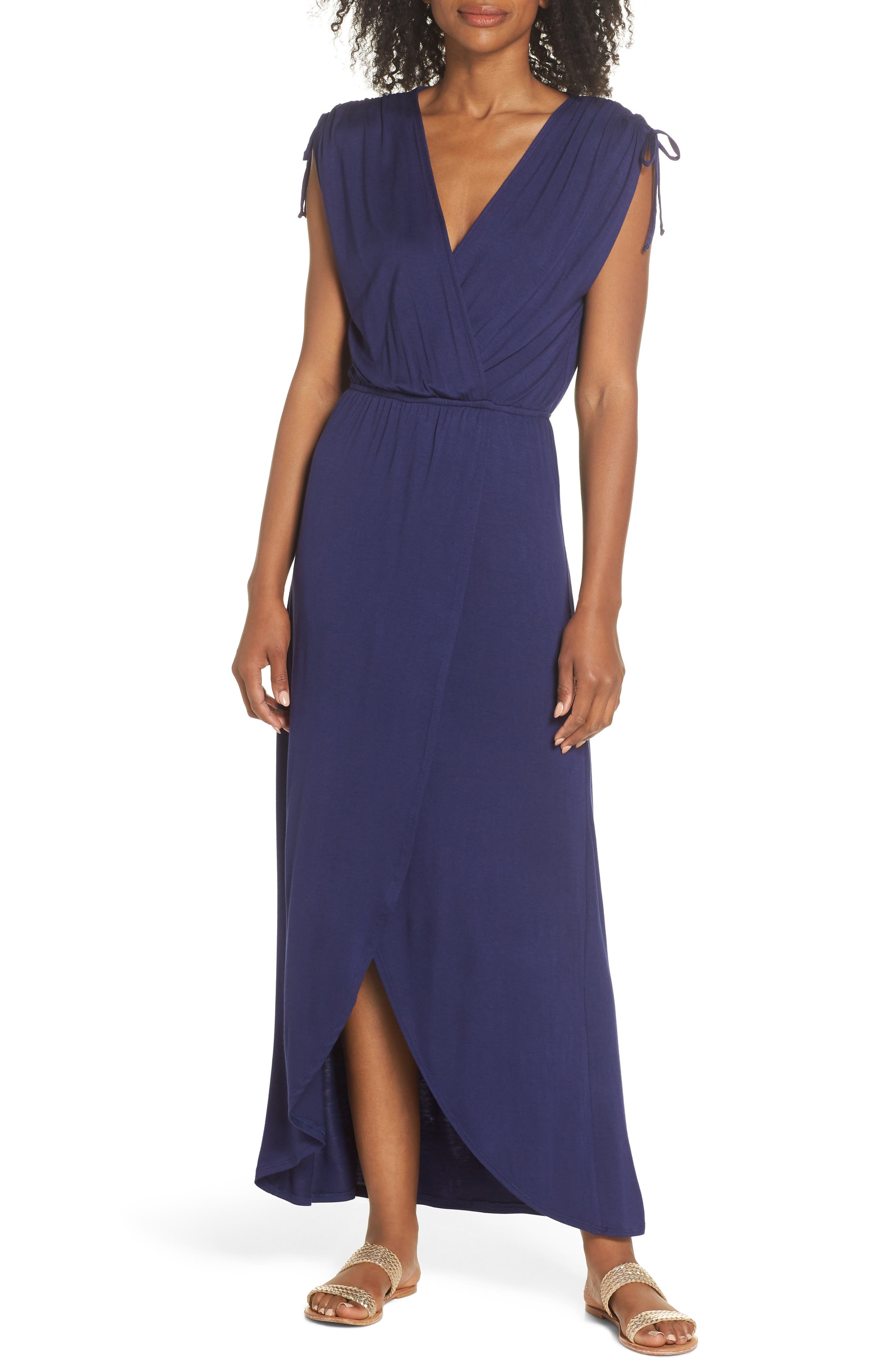 Fraiche By J Tie Shoulder Faux Wrap Maxi Dress, Blue