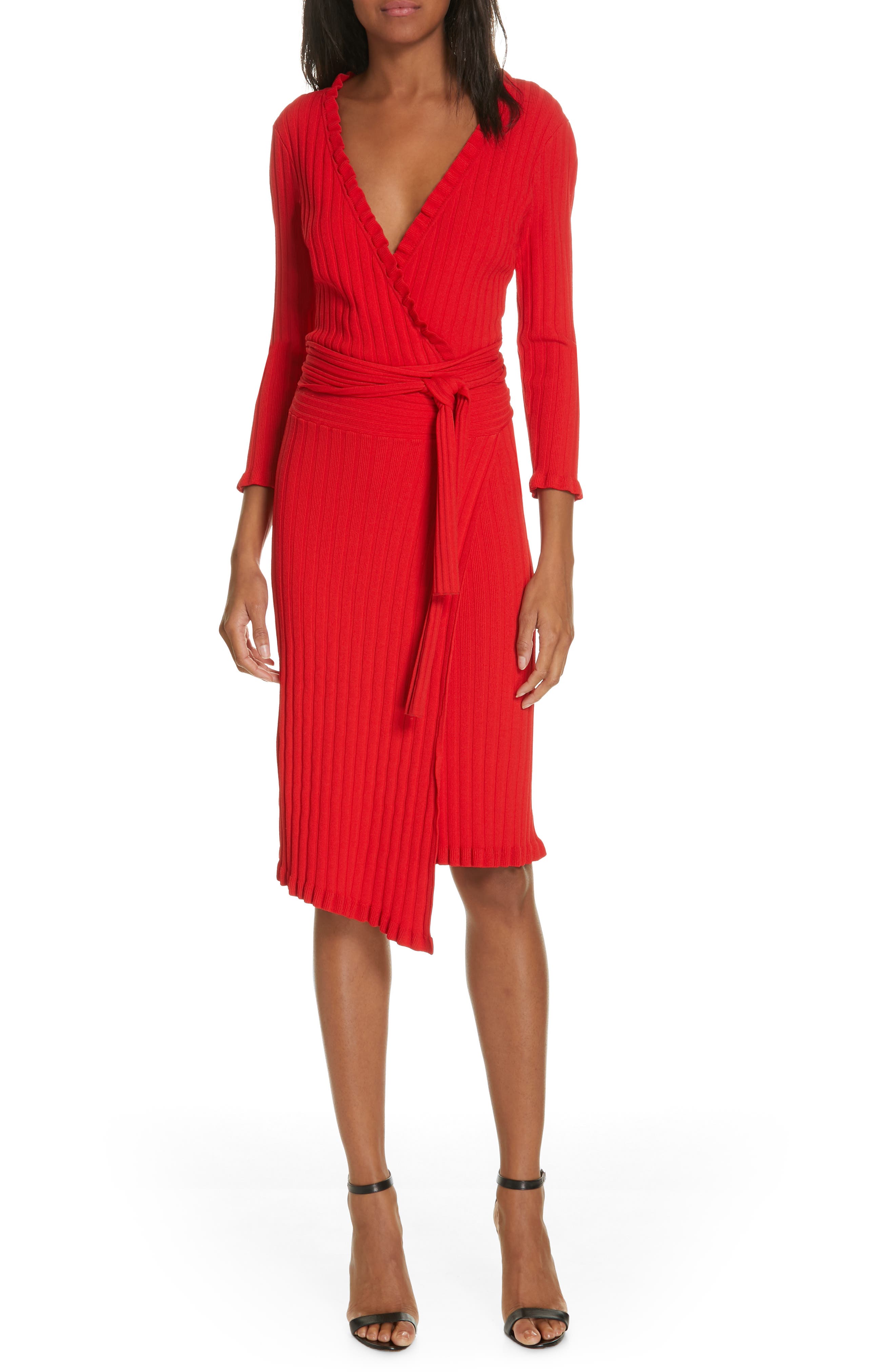 Milly Ruffle Edge Ribbed Wrap Dress, Red