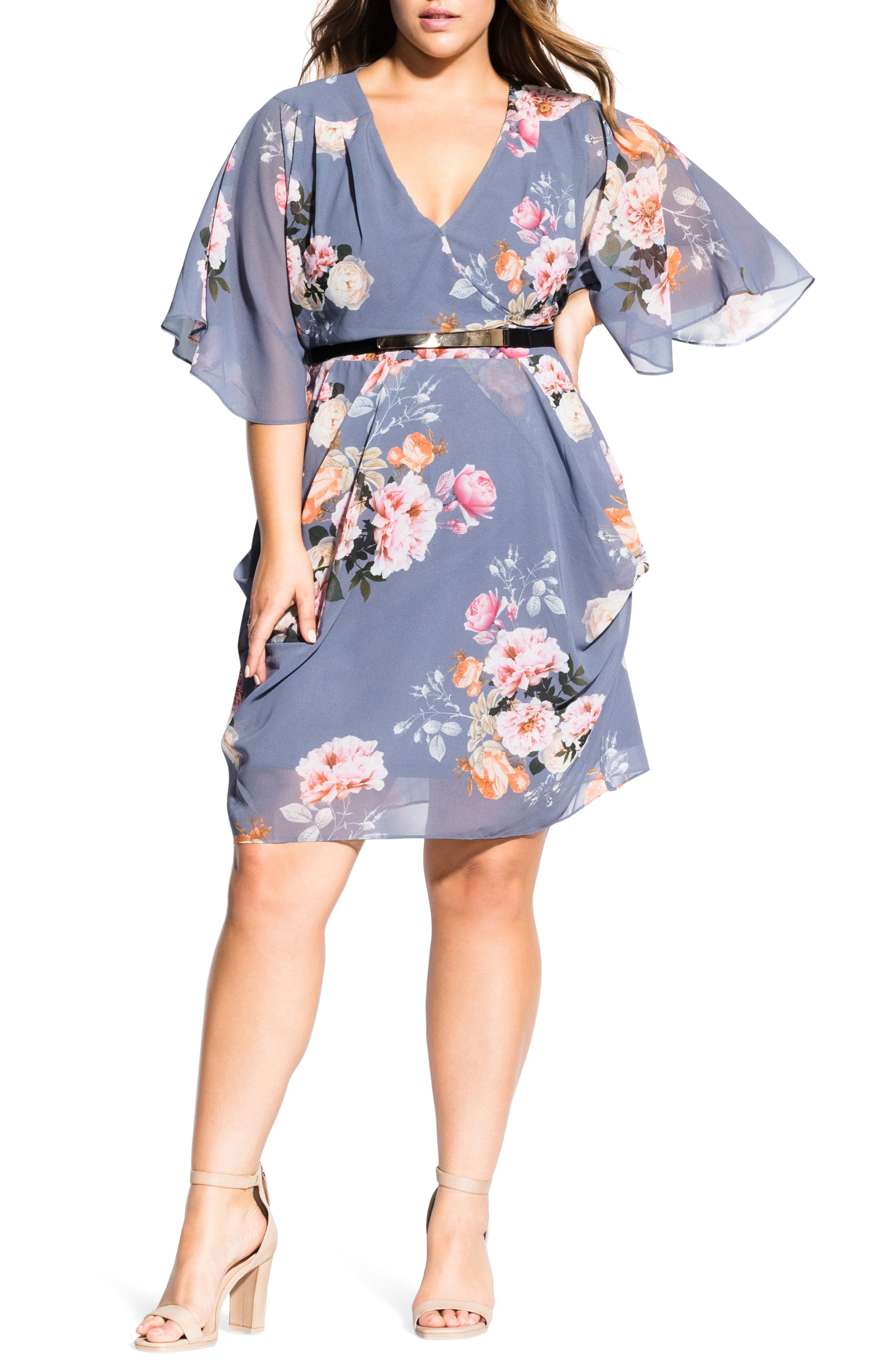 Plus Size City Chic Florence Floral Belted Wrap Style Dress, Purple