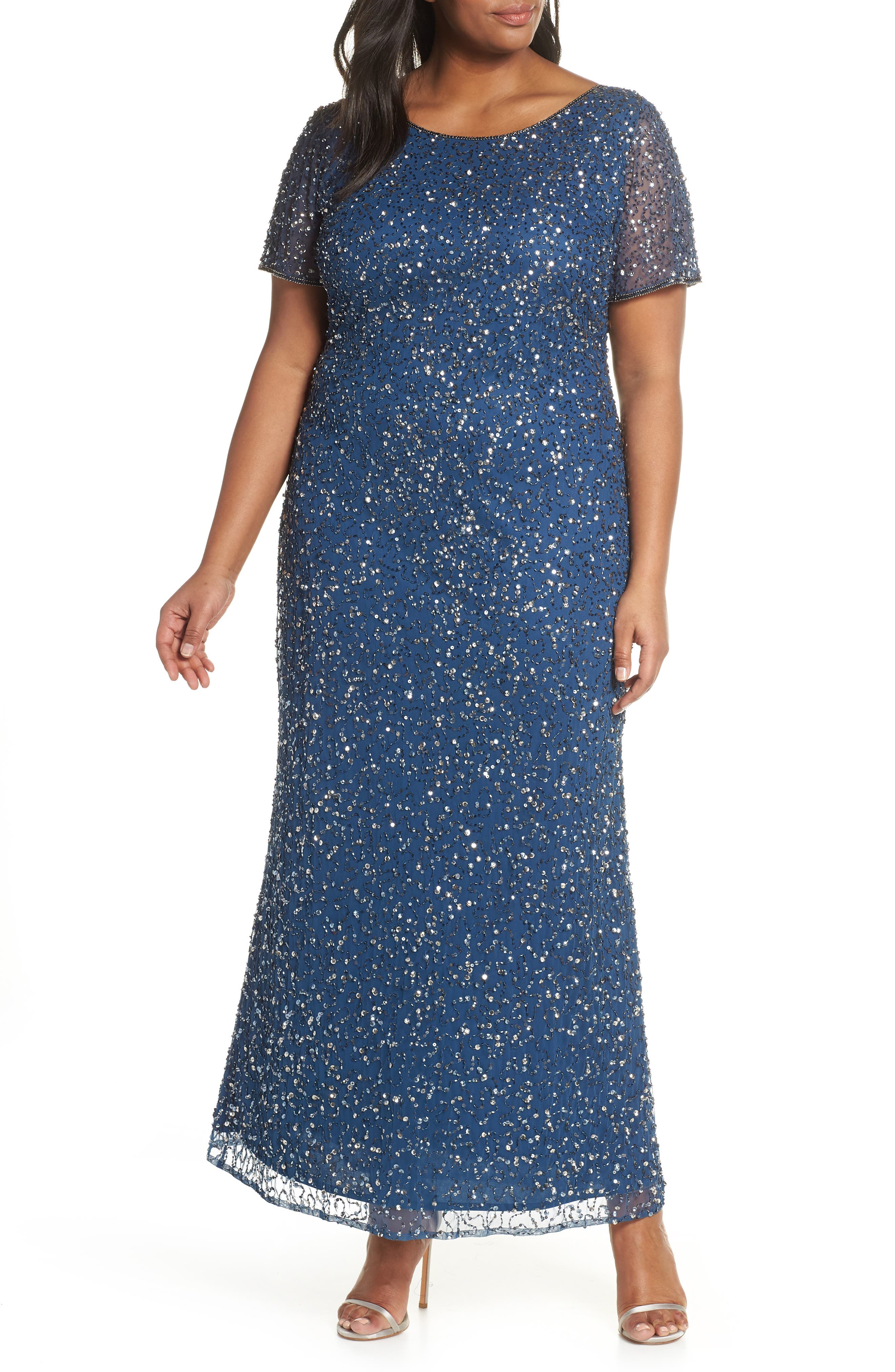 Plus Size Pisarro Nights Short Sleeve Beaded Evening Dress, Blue