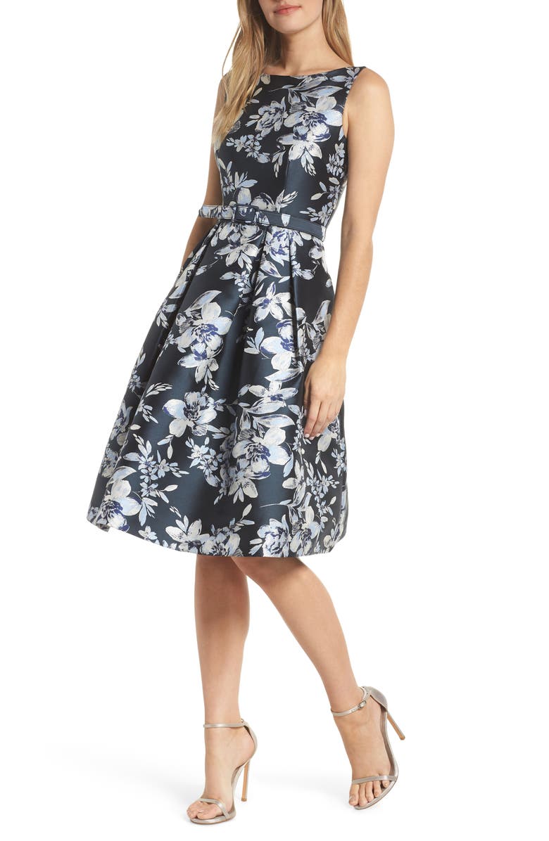 Eliza J Metallic Floral Belted Fit & Flare Dress | Nordstrom