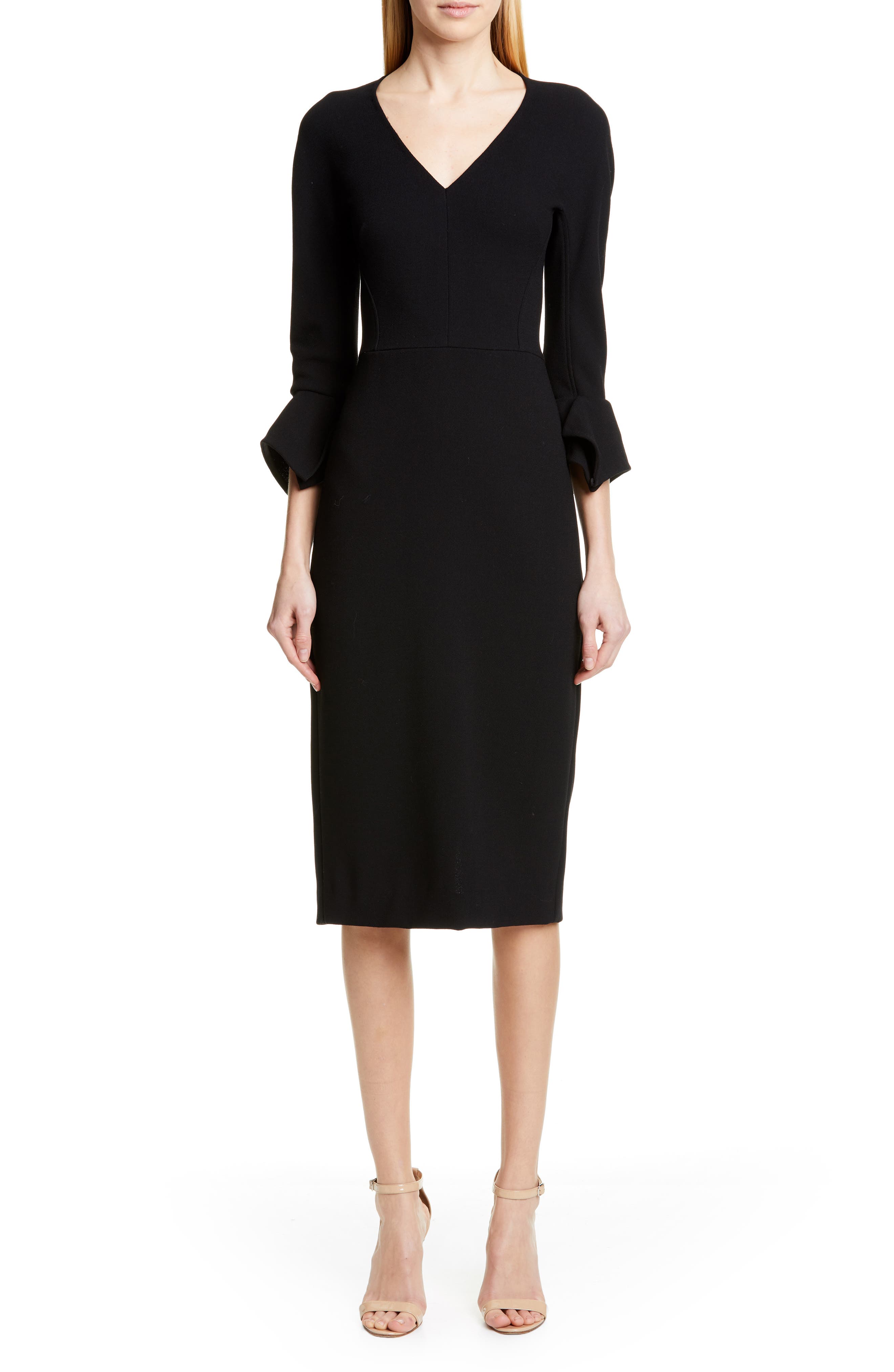 Lela Rose Handkerchief Cuff Wool Blend Sheath Dress, Black