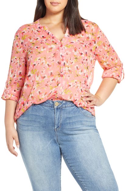 Kut From The Kloth Jasmine Roll Sleeve Top In Blossom Journey Strawberry