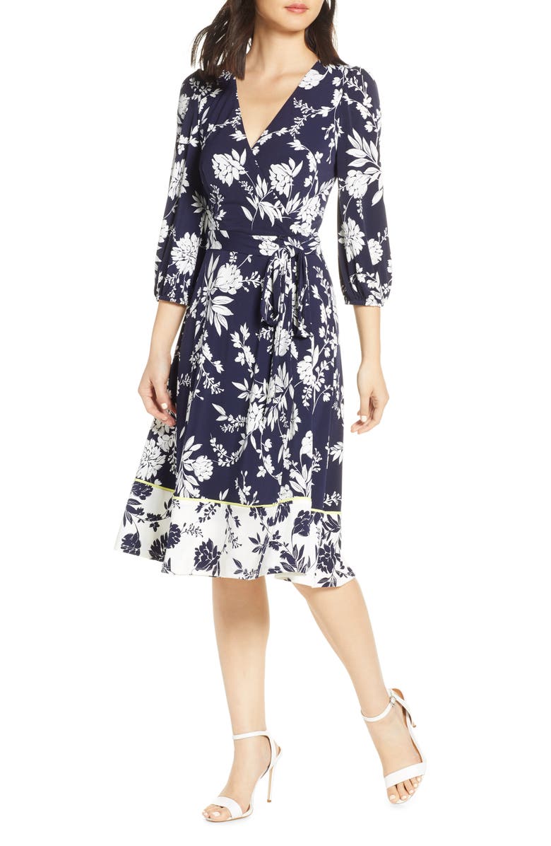 Eliza J Floral Print Faux Wrap Dress In Navy Ivory Modesens