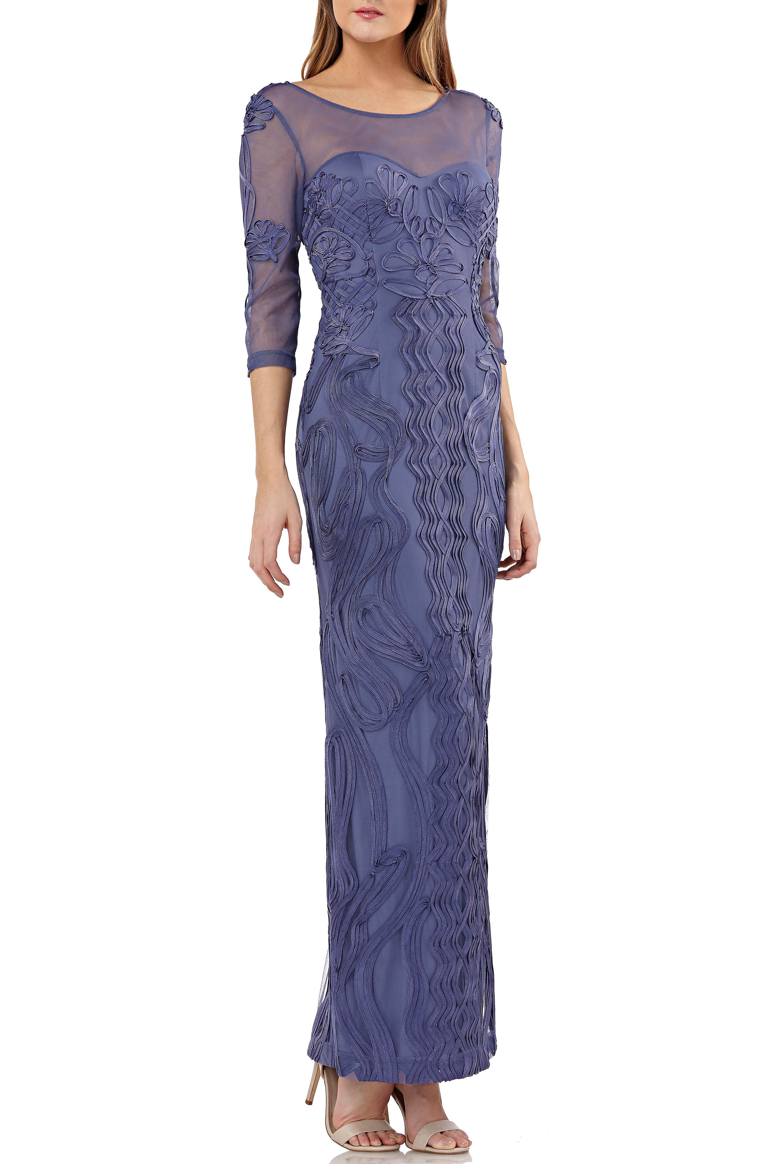 Js Collections Illusion Yoke Soutache Column Gown, Purple