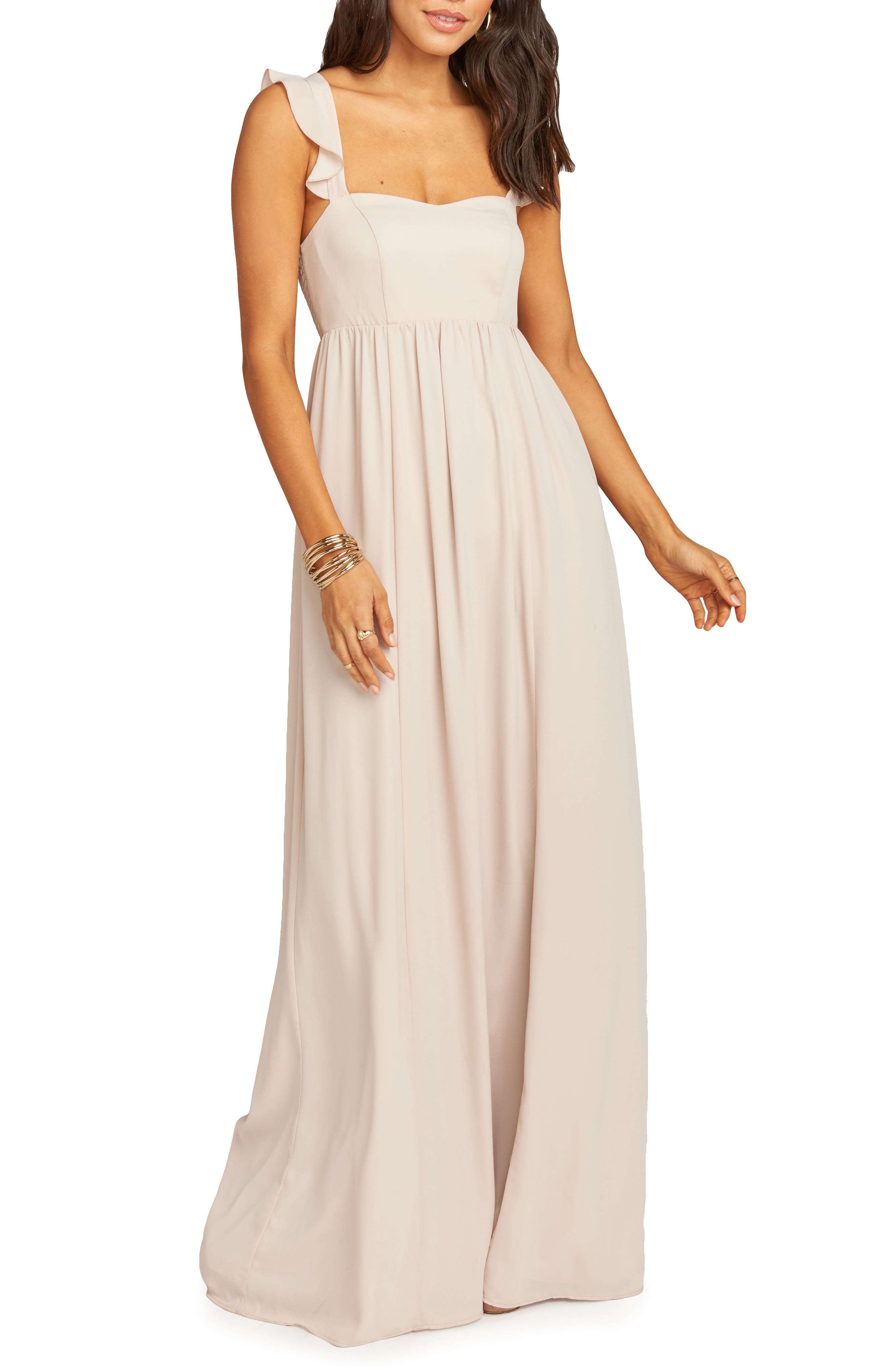 Show Me Your Mumu June Ruffle Strap Evening Dress, Beige