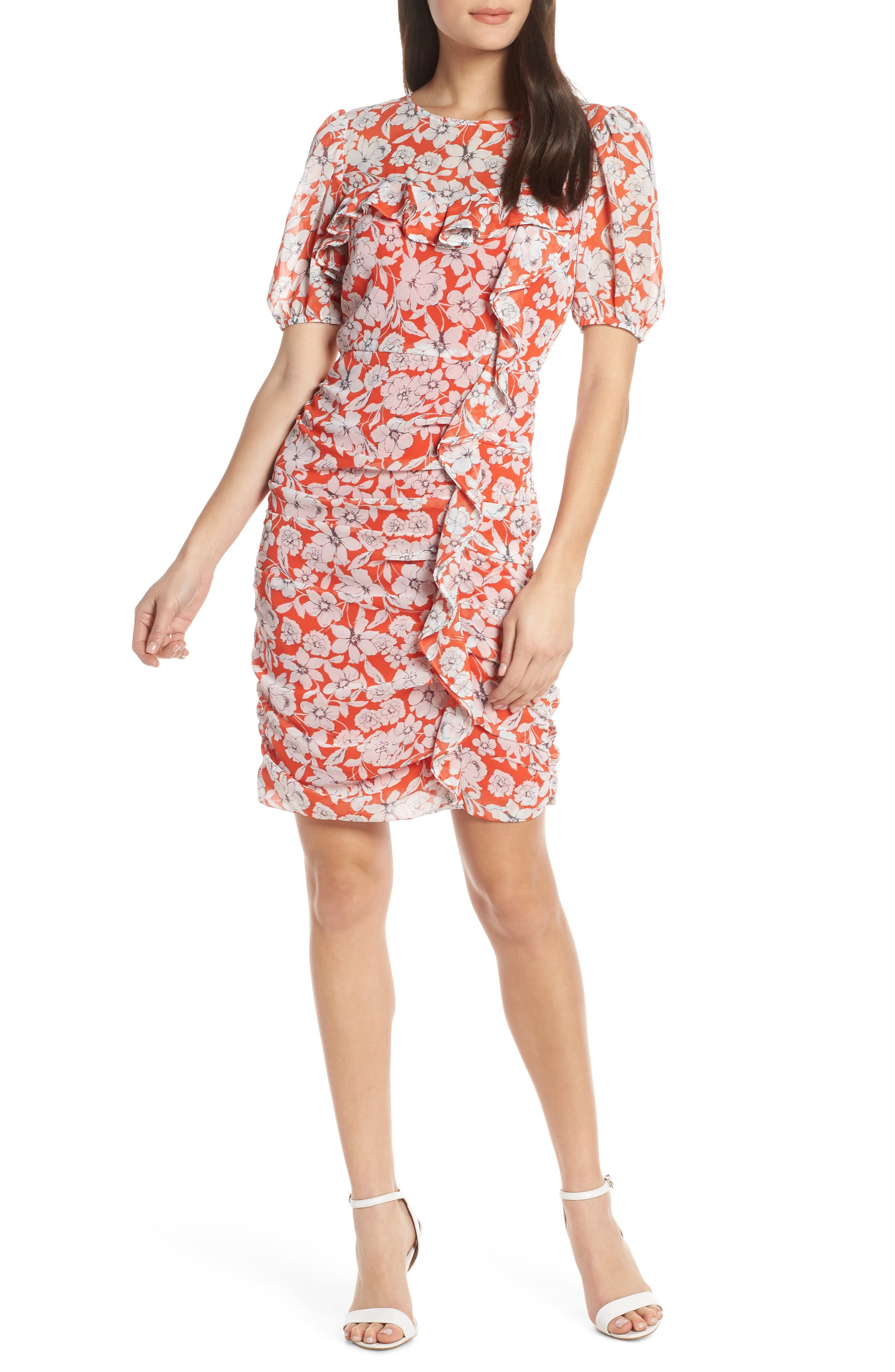 Petite Chelsea28 Floral Print Ruched Sheath Dress, Orange