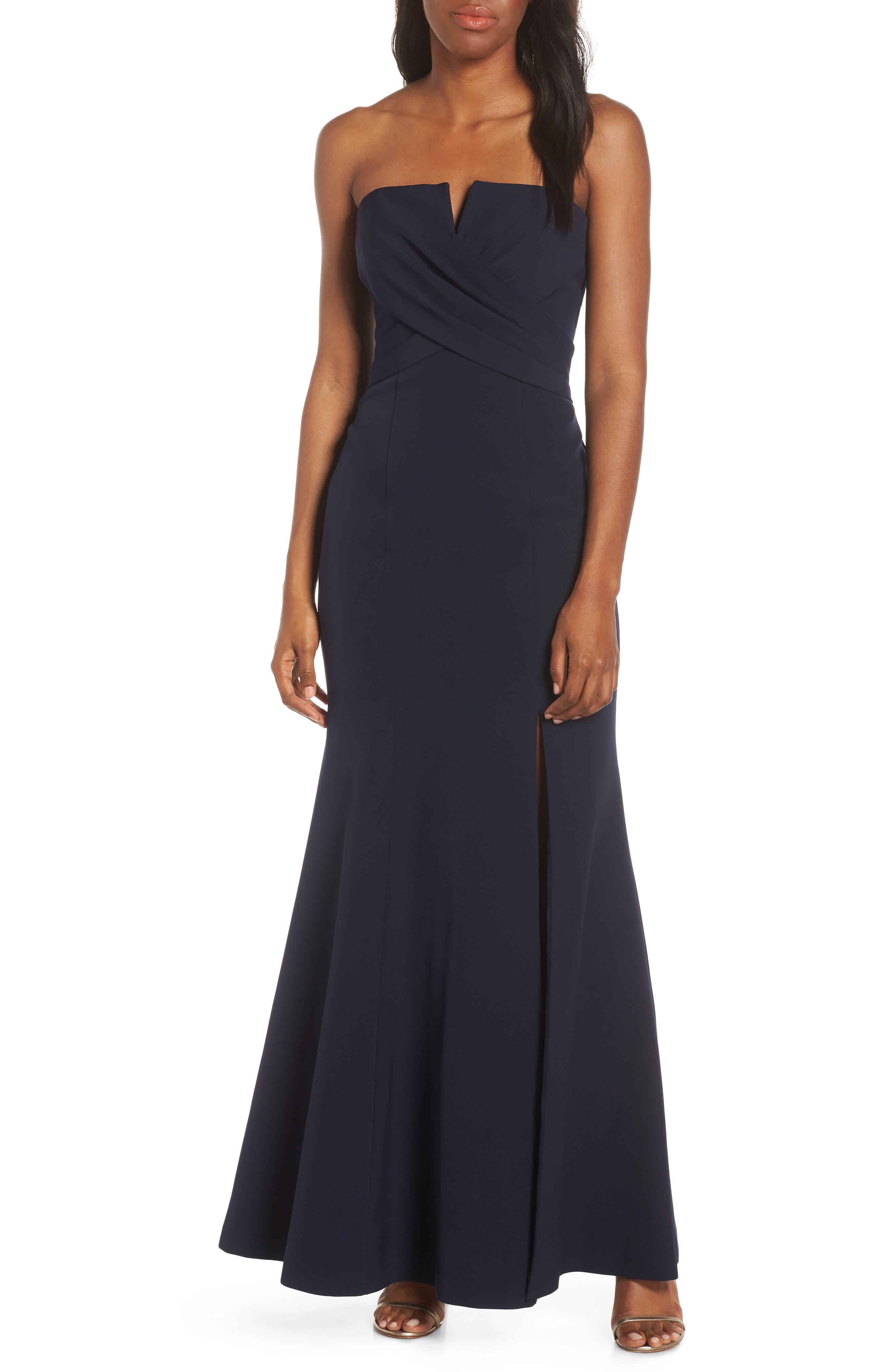 Vince Camuto Strapless Crossover Bodice Gown, Blue