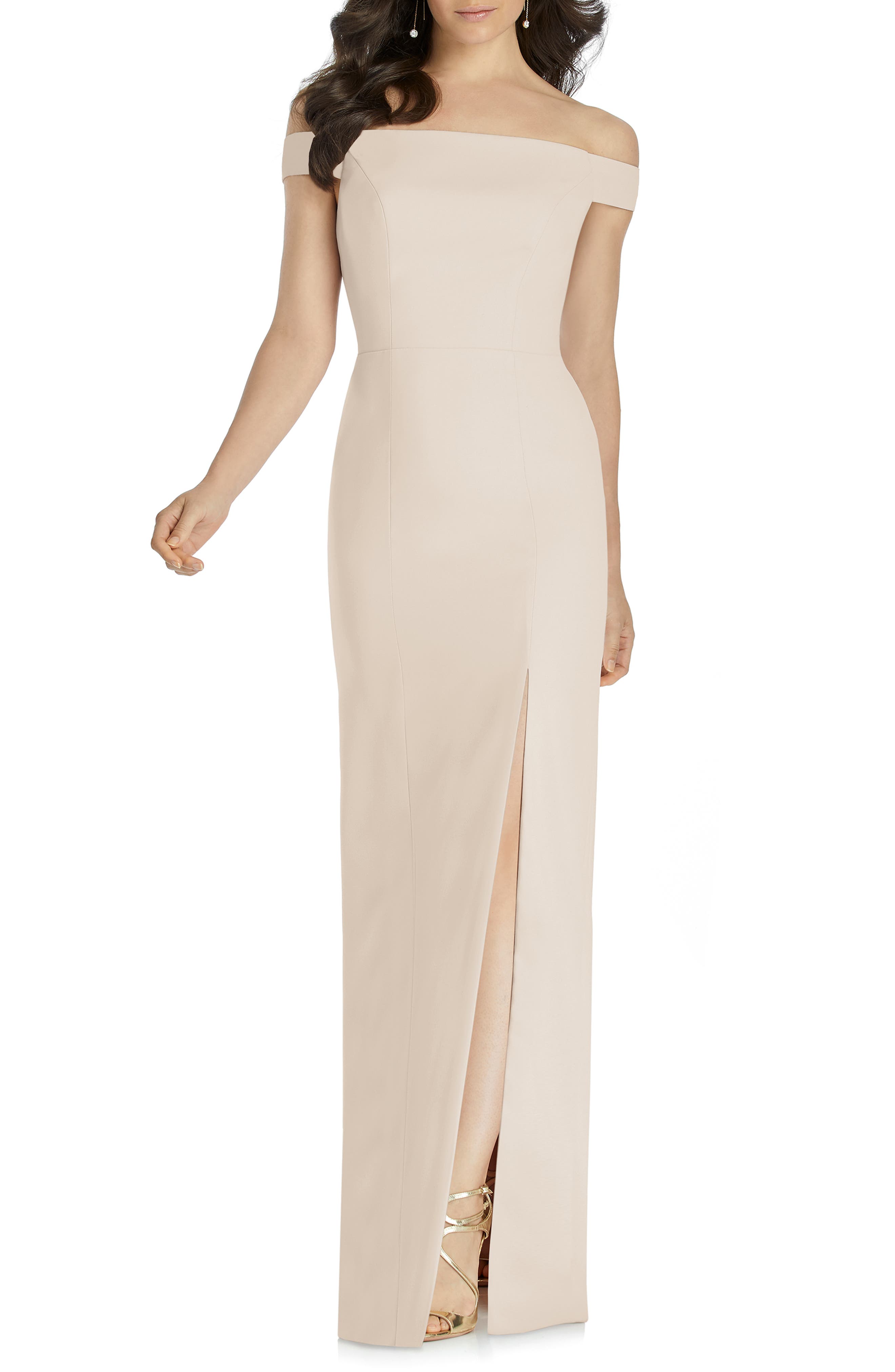 Dessy Collection Off The Shoulder Bow Back Evening Dress, Beige