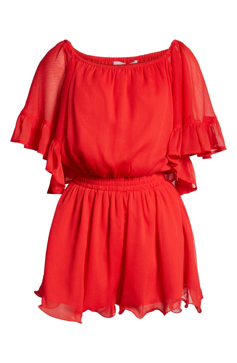 Shop Endless Rose Off The Shoulder Ruffle Sleeve Romper In Red