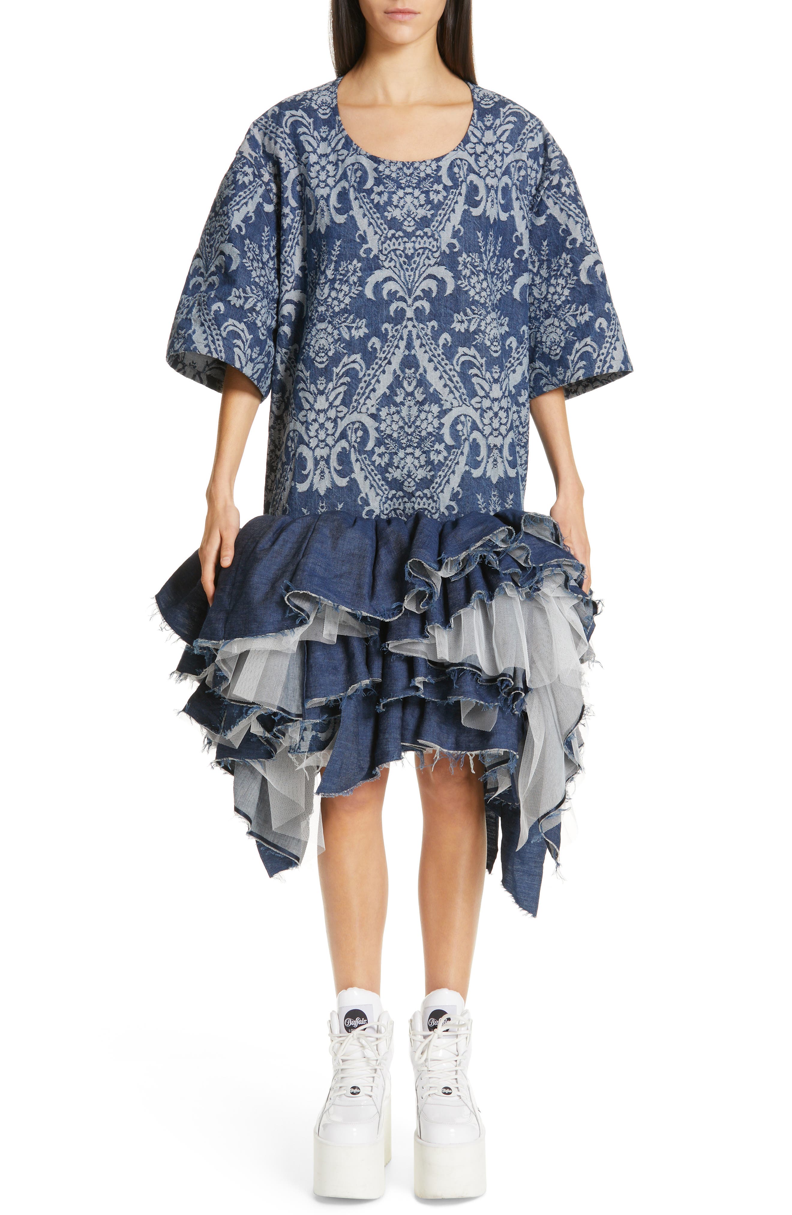 Junya Watanabe Denim Jacquard Tulle Dress, Blue