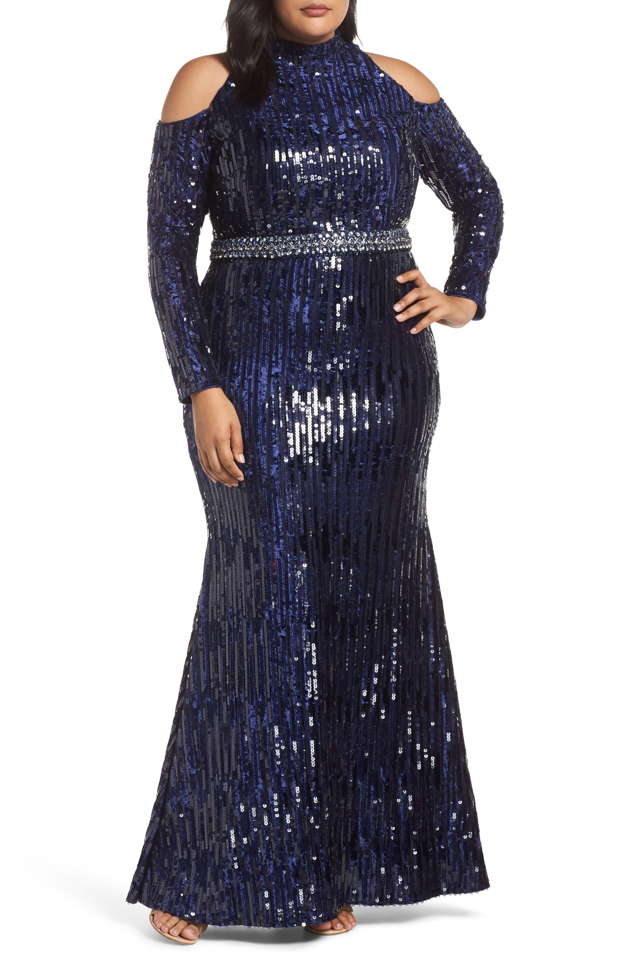 Plus Size MAC Duggal Neck High Neck Sequin Trumpet Gown