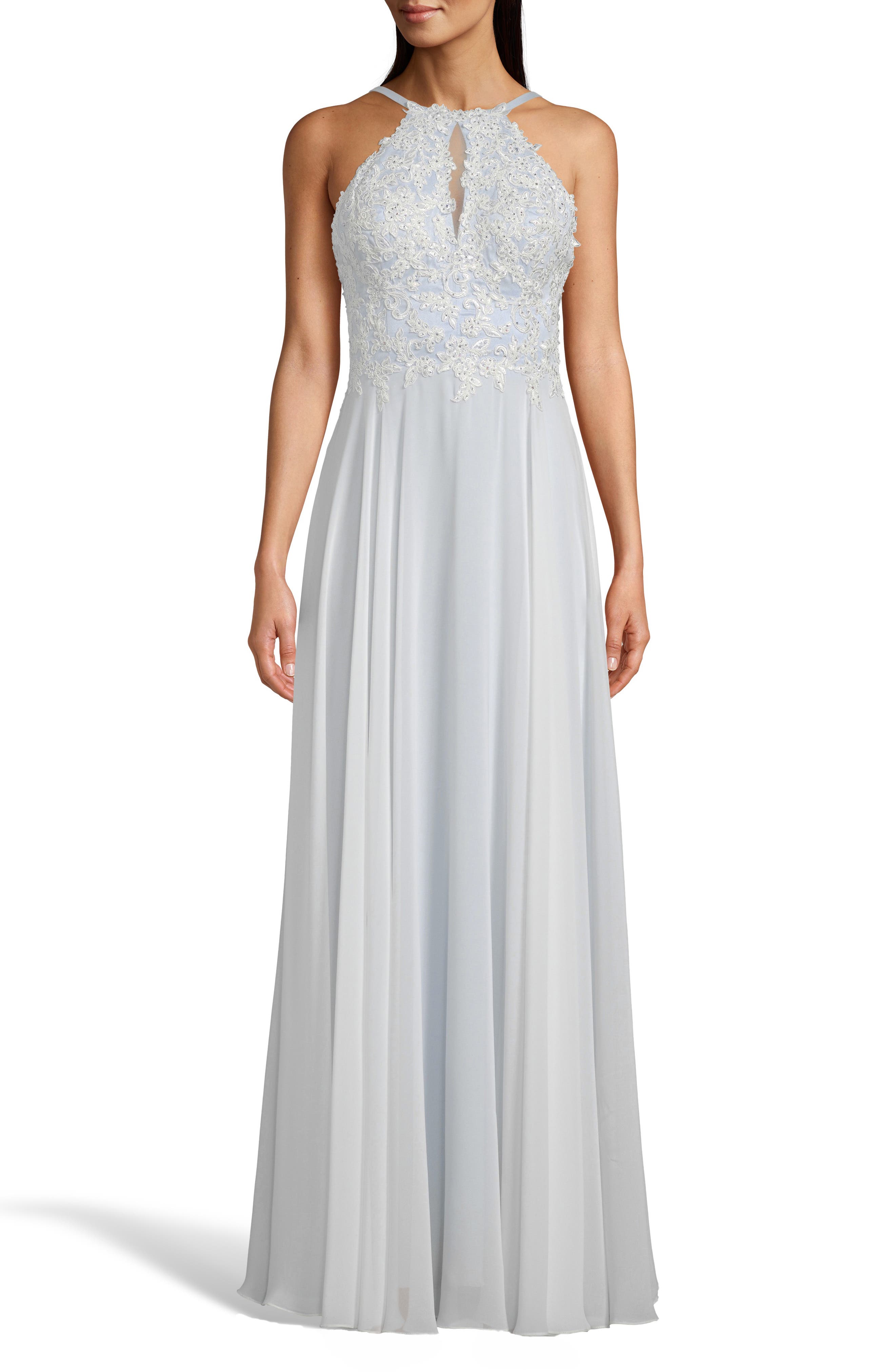 Xscape Beaded 3D Floral Lace Chiffon Evening Dress