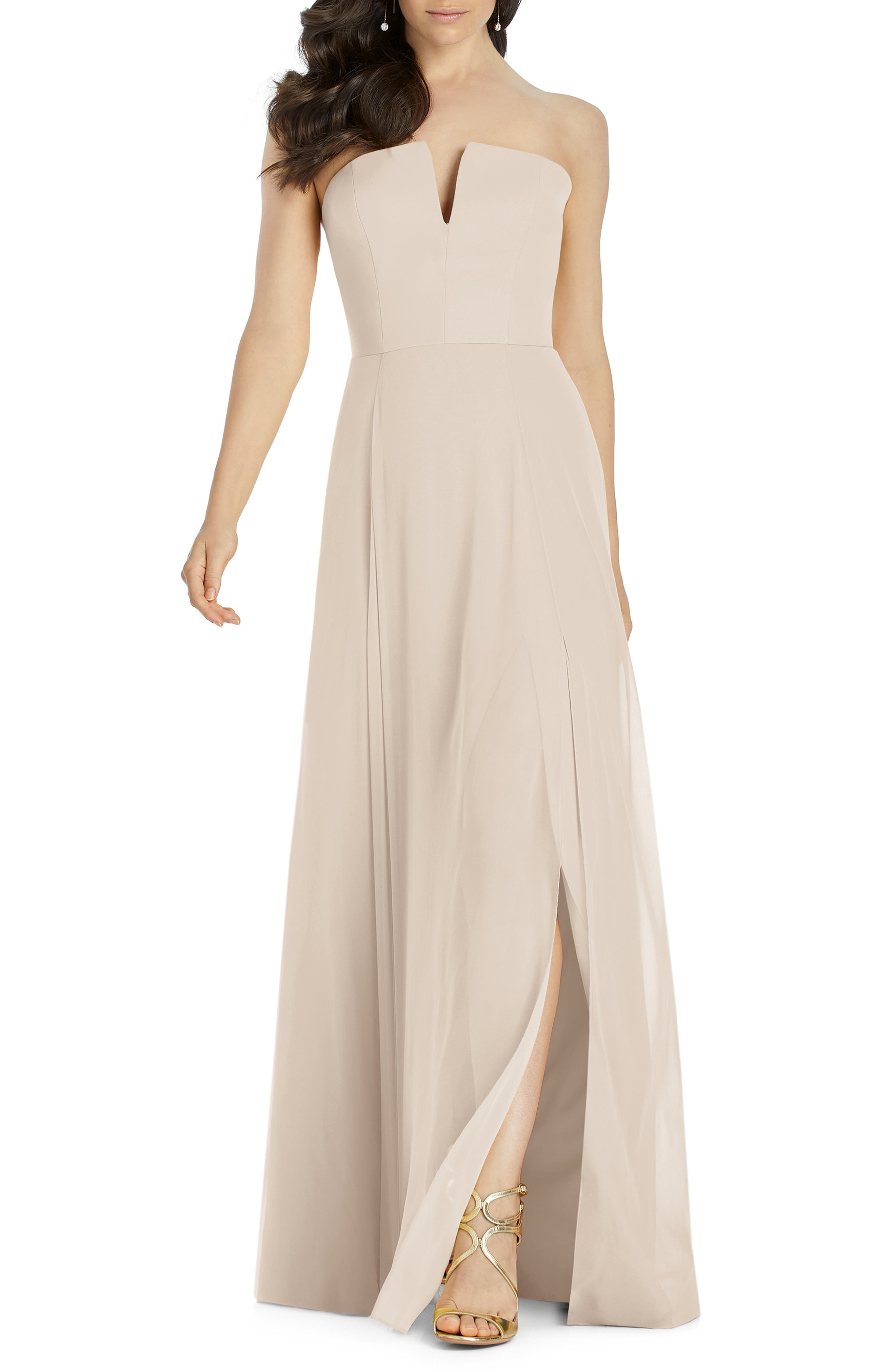 Dessy Collection Strapless Chiffon Evening Dress, Beige