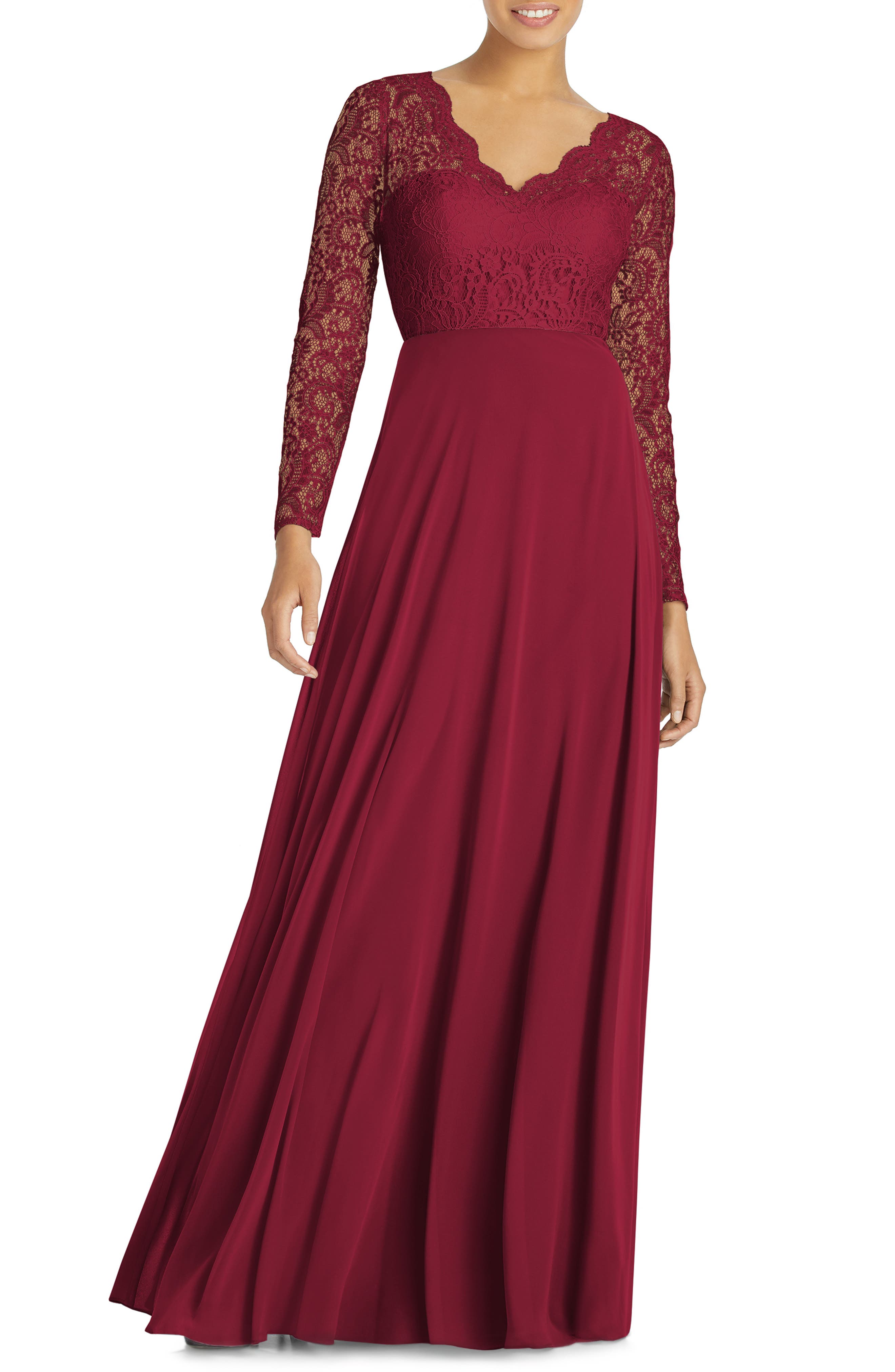Dessy Collection Long Sleeve Lace & Chiffon Gown, Burgundy