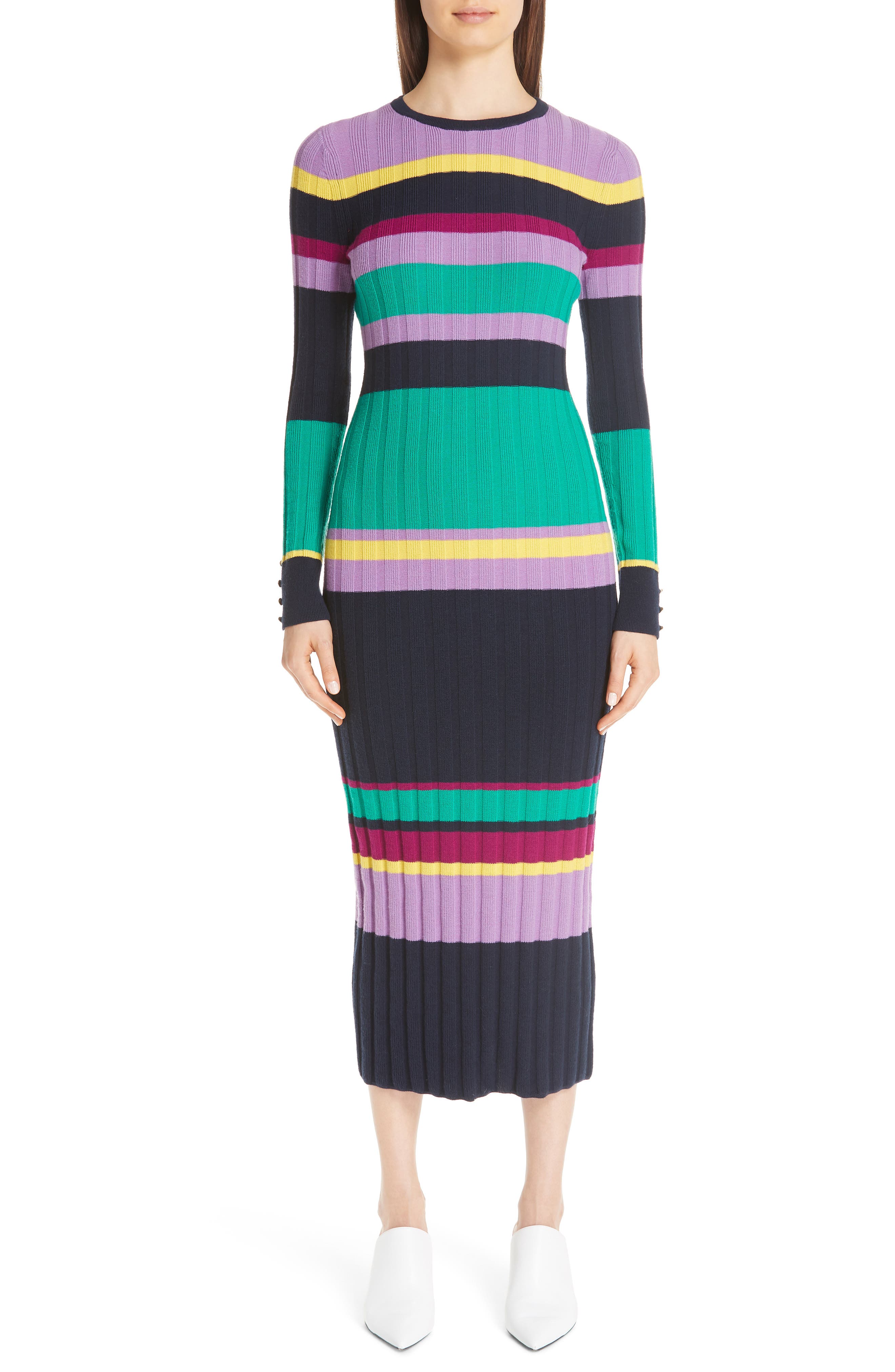 Lela Rose Ribbed Stripe Wool Blend Sweater Dress, Blue